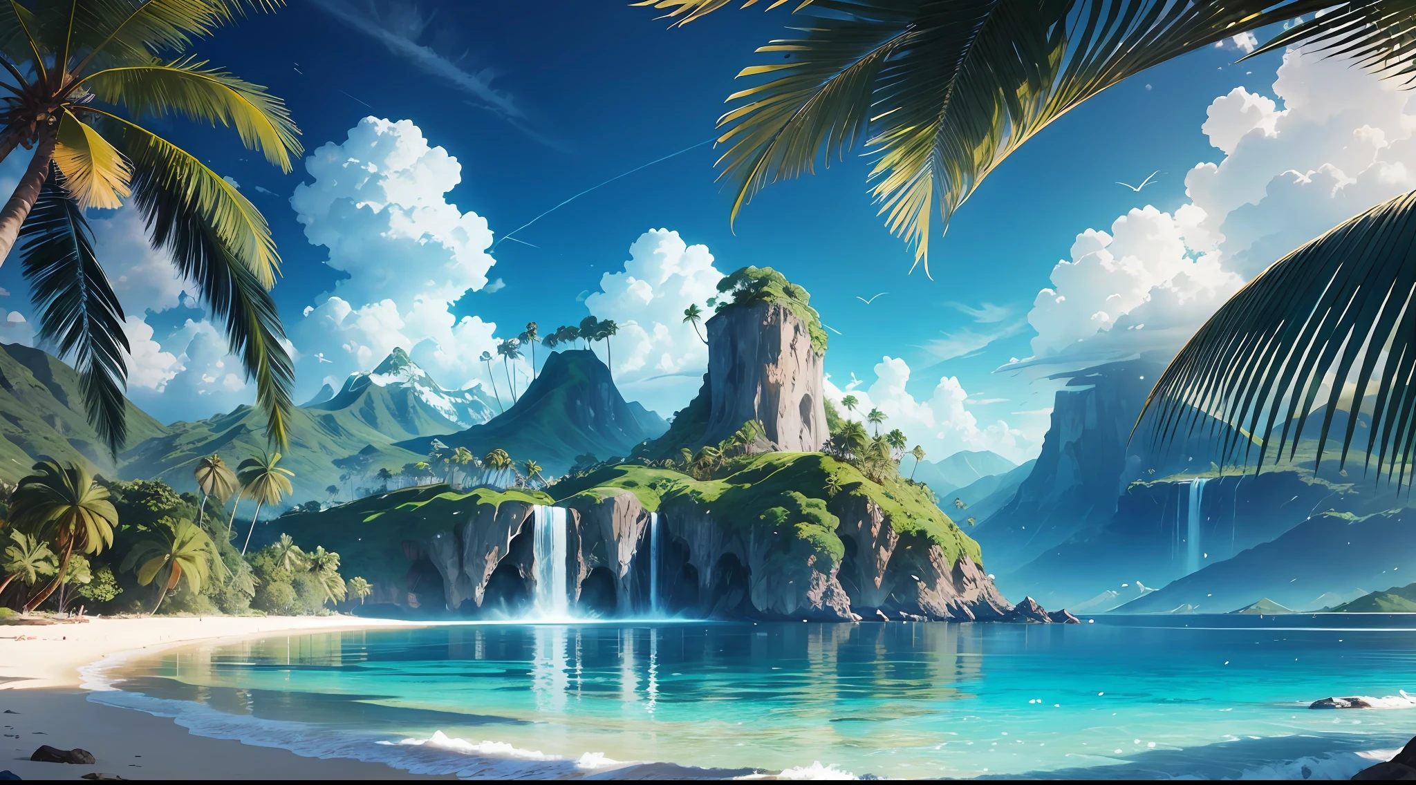 Summer, clear beach, tropical paradise, waterfalls, vibrant flora, islands, big clouds, palm trees, blue sky, warm weather, HD detail, hyper-detail, cinematic, surrealism, soft light, bokeh deep field focus, distant snowy mountains, ray tracing and surrealism. --v6