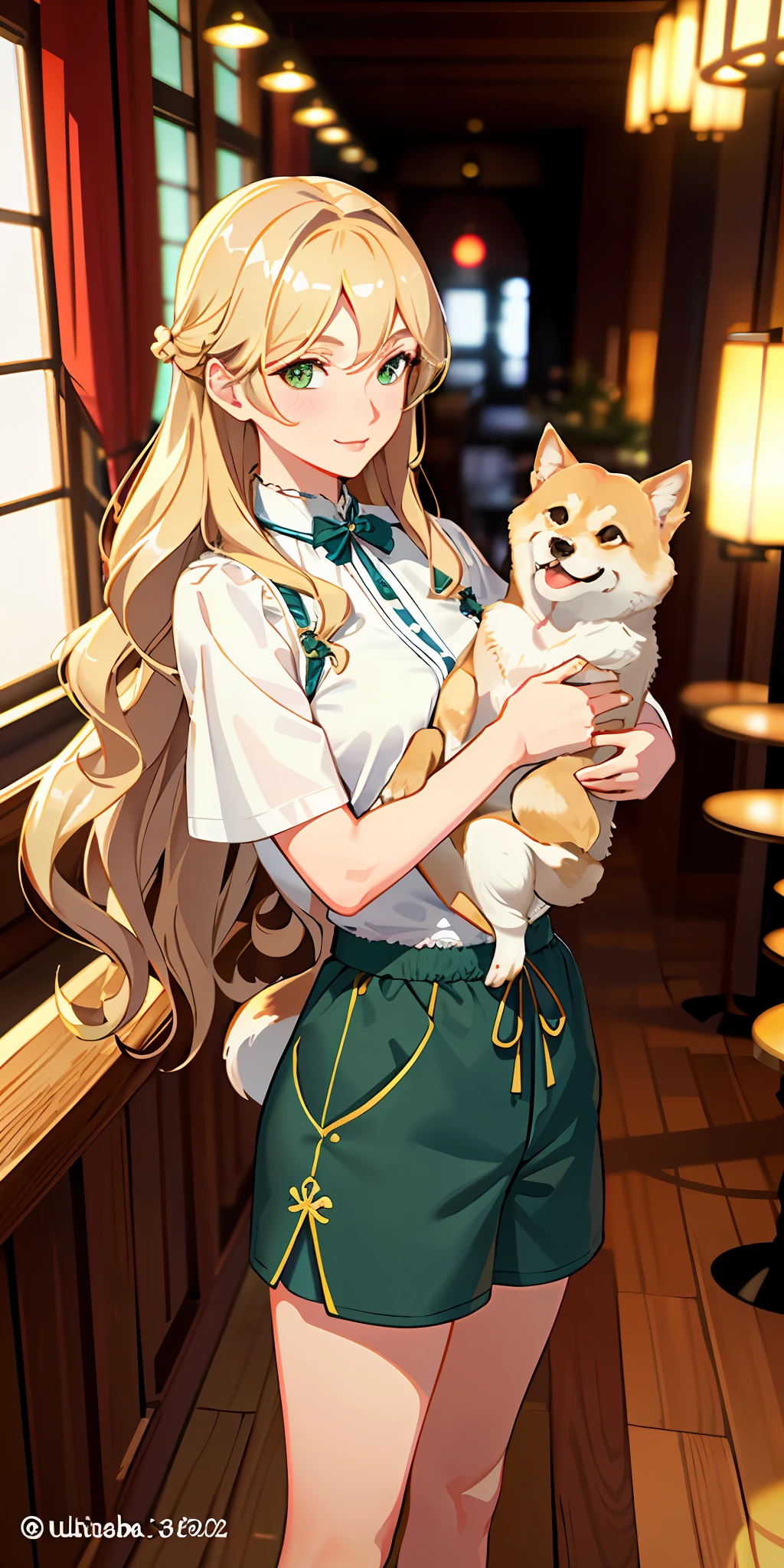 delicate and beautiful CG artwork),(best quality, ultra-detailed, high resolution),(dynamic angle, dynamic lighting),(short wavy brown and blonde hair), green eyes, beautiful face), (long sideburns, inside, restaurant, shiba inu, dog, smile, blue shorts, 3 d,