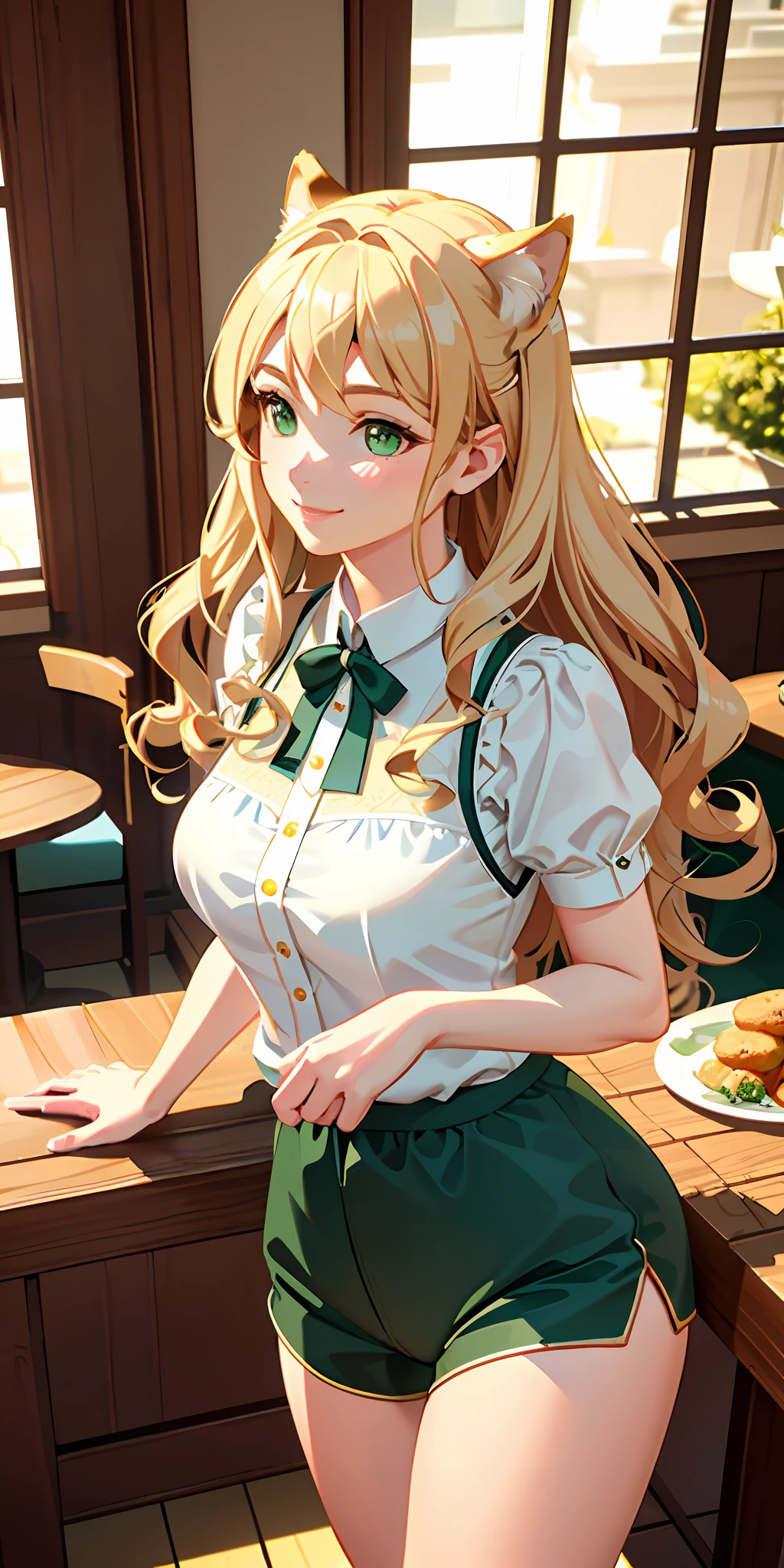delicate and beautiful CG artwork),(best quality, ultra-detailed, high resolution),(dynamic angle, dynamic lighting),(short wavy brown and blonde hair), green eyes, beautiful face), (long sideburns, inside, restaurant, shiba inu, dog, smile, blue shorts, 3 d,