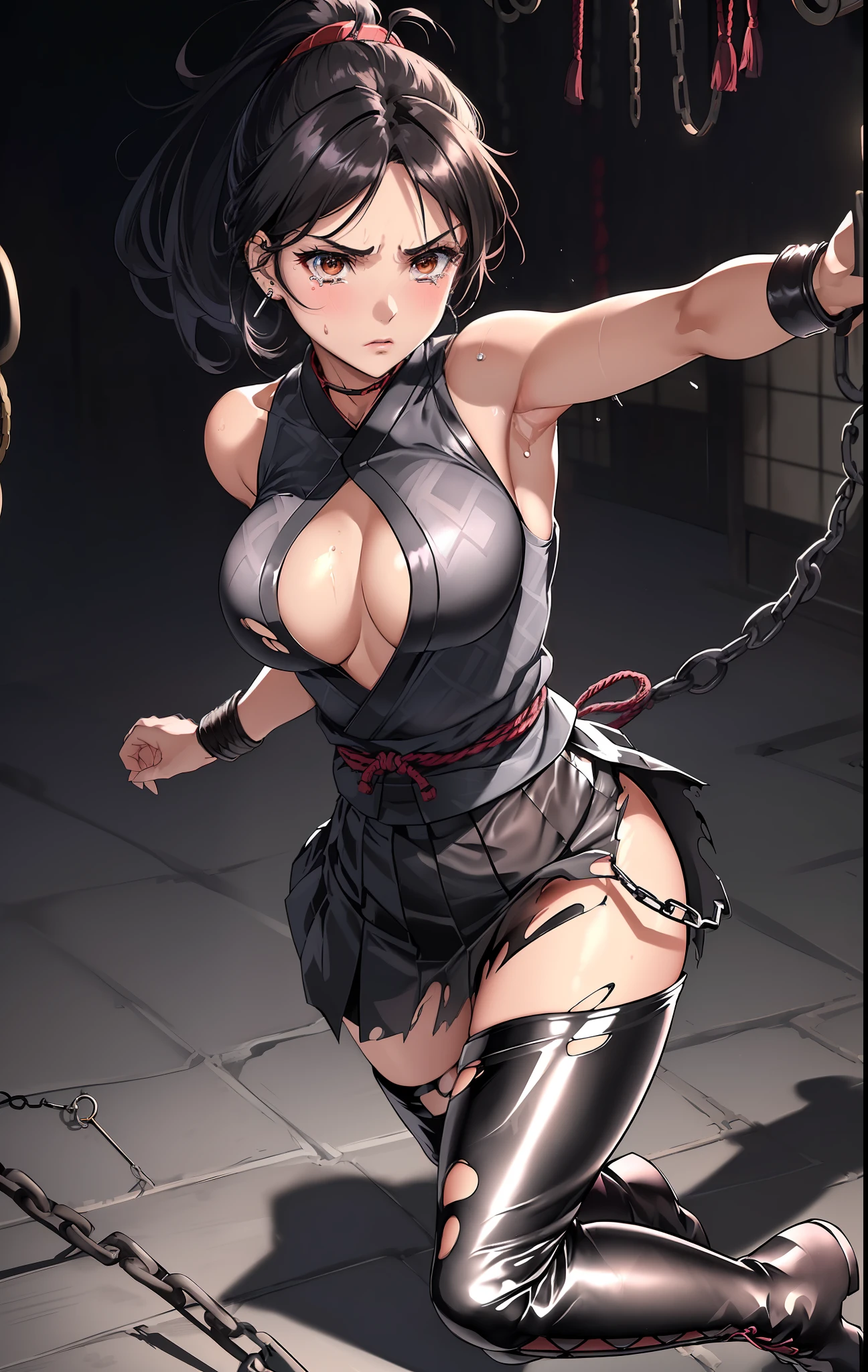 (((dramatic))), (((rough)),Anime character,1 girl,Solo,Black hair ponytail, Beautiful troubled face, Beautiful dark brown eyes, Vivid colors, Night, Top quality digital art, stunning art, Wallpapers 4k,8k,64k, HD, Incomparable masterpiece, Dynamic lighting, cinematic, epic, , big, shiny big,  that are about to spill out, (((torn shiny mesh pattern ninja clothes, ninjas, Japanese-style pattern tight long boots, skirt))), large cleavage, copious sweat on the body, blush,  hollows, tied behind with ropes, , , chained, large, hands chained, shackled, slave collars, chains around the neck, in a dark basement, cobblestones with an eerie cold atmosphere, , M-shaped , tied behind the hands with ropes, silver chains, , legs spread, hung with chains, pulled up by chains, Restraints, slaves, contempt, tears, , , mature adults, charm, submission, shiny skin, exhausted, piercings that do not interfere with small battles, chests that seem to stick out of clothes, chests that are full of tears, low angles, white ,