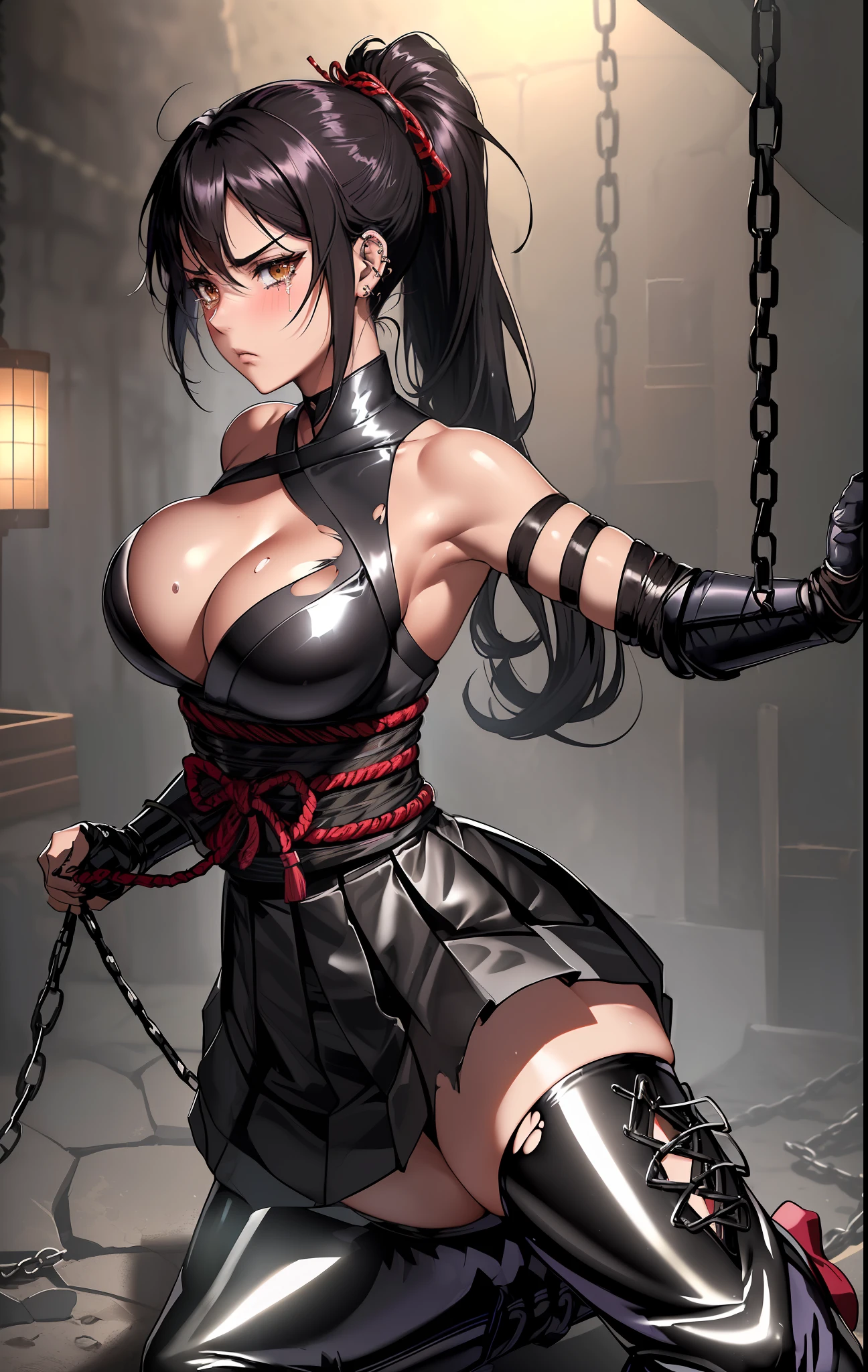 (((dramatic))), (((rough)),Anime character,1 girl,Solo,Black hair ponytail, Beautiful troubled face, Beautiful dark brown eyes, Vivid colors, Night, Top quality digital art, stunning art, Wallpapers 4k,8k,64k, HD, Incomparable masterpiece, Dynamic lighting, cinematic, epic, sexy, big, shiny big, big breasts that are about to spill out, (((torn shiny mesh pattern ninja clothes, ninjas, Japanese-style pattern tight long boots, skirt))), large cleavage, copious sweat on the body, blush, chest hollows, tied behind with ropes, legs open, legs open, chained, large, hands chained, shackled, slave collars, chains around the neck, in a dark basement, cobblestones with an eerie cold atmosphere, open legs, M-shaped open legs, tied behind the hands with ropes, silver chains, open legs, legs spread, hung with chains, pulled up by chains, Restraints, slaves, contempt, tears, shackles, shackles, mature adults, charm, submission, shiny skin, exhausted, piercings that do not interfere with small battles, chests that seem to stick out of clothes, chests that are full of tears, low angles, white underwear,