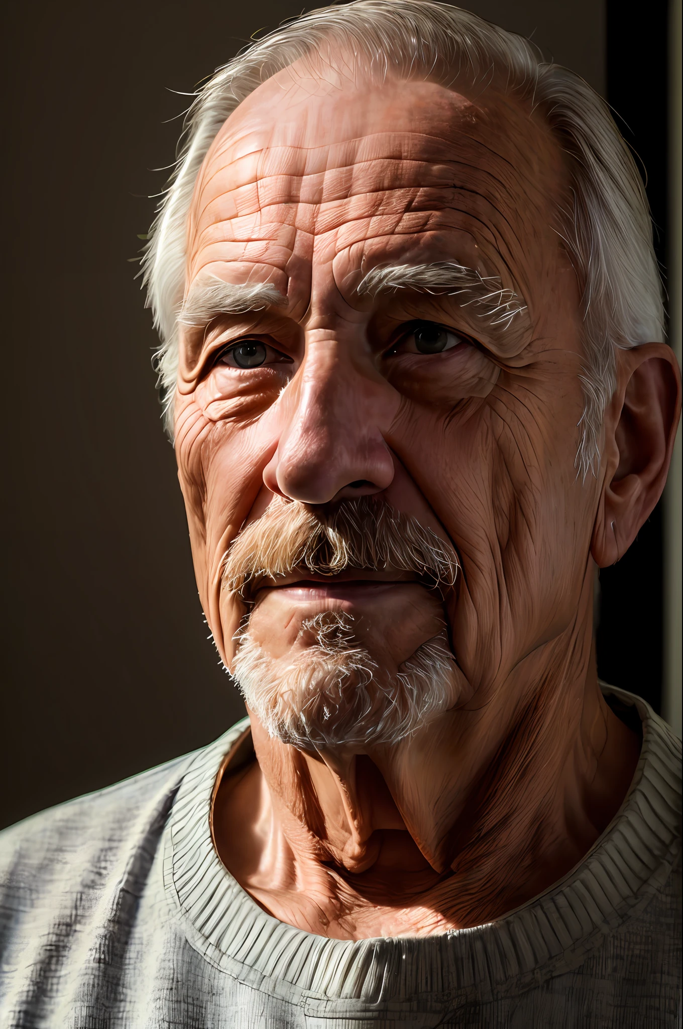 (masterpiece, photorealistic, raw,:1.4), (extremely intricate:1.2), close up, cinematic light, sidelighting, ultra high res, best shadow, RAW, upper body, old man, wearing pullover,