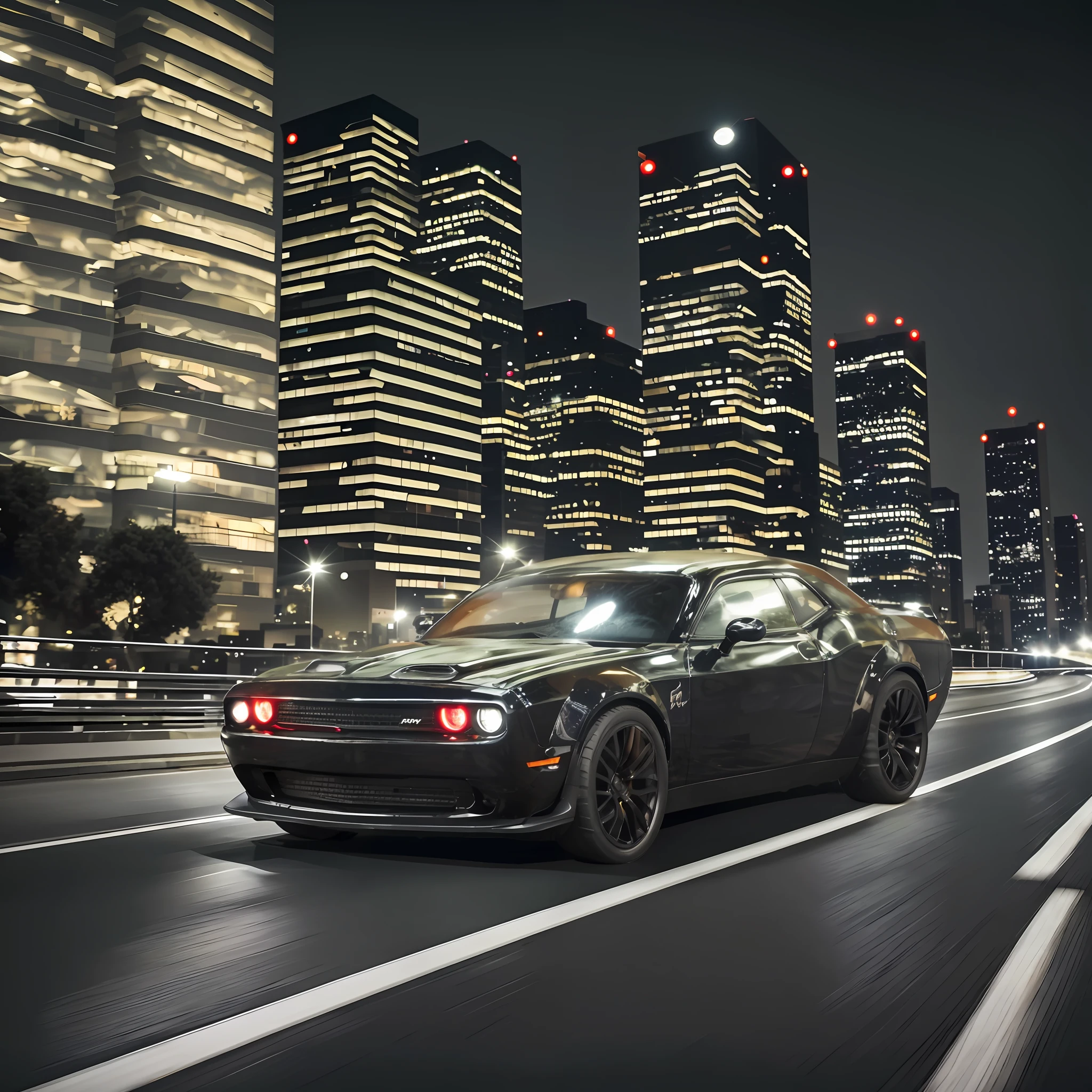 dark night (photo from bottom:1.05) of one black new dodge challenger hellcat with white rims and riding at high speed on dark highway with little bushes around and modern city with skyscrapes, star sky, (high speed motion blur:1.05) + styles from xpuct boosty channel