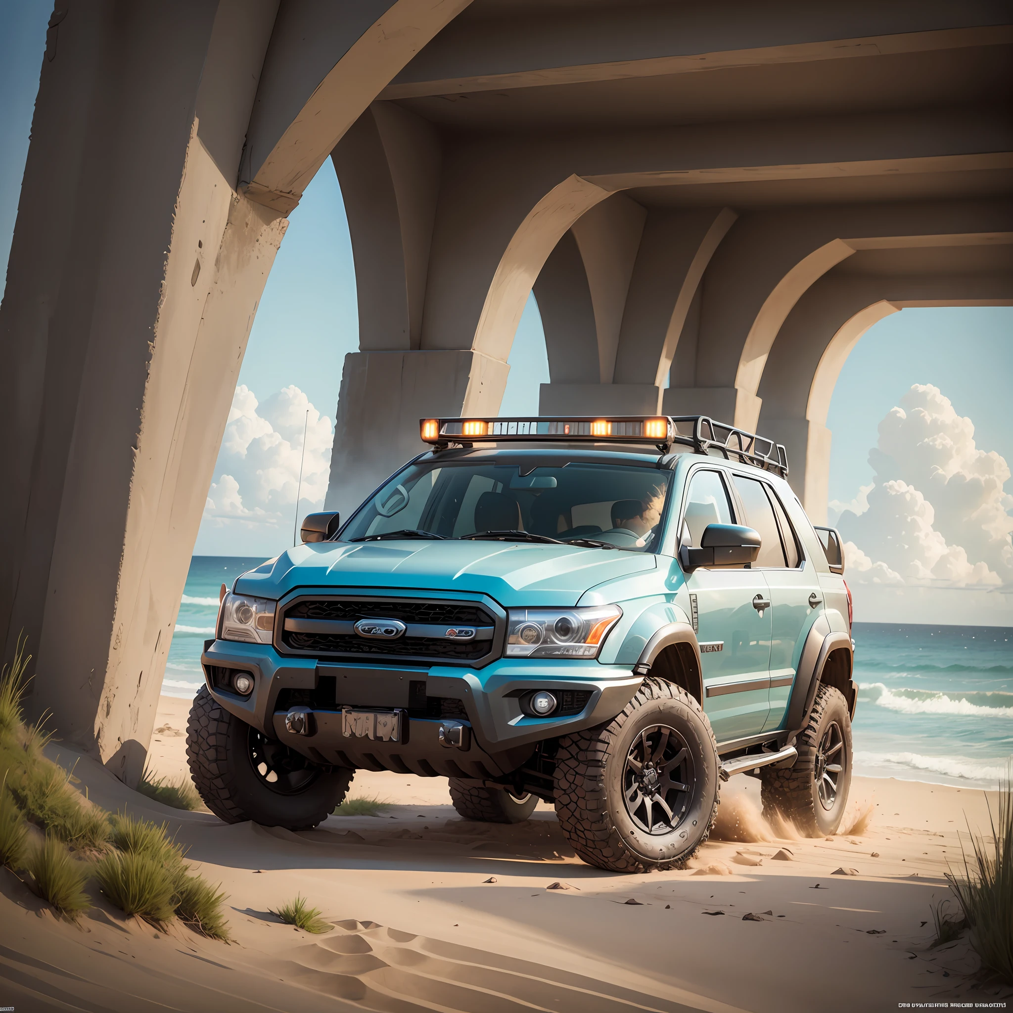 Offroad blacksmith car on the beach add young woman, black skin in bikini --auto --s2