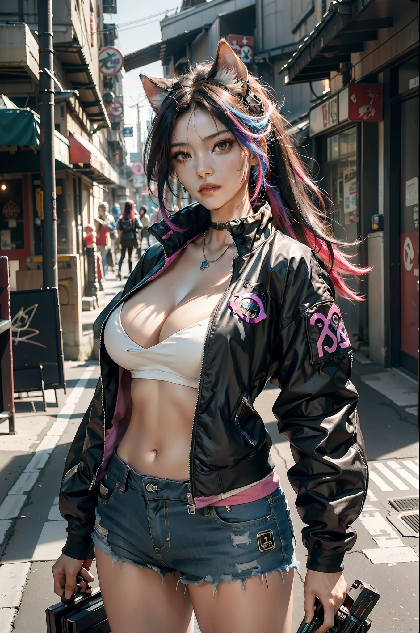 Beautiful photorealistic photograph of beautiful nekomata catgirl wearing colorful tech jacket and assorted cyberpunk clothing and paraphernalia, colorful cyberpunk hairstyle, huge breasts, dynamic pose, cyberpunk street background, perfect ratio proportions, abstract beauty, approaching perfection, pure form, concept art, by Brian Froud and Carne Griffiths and Wadim Kashin and John William Waterhouse, intricate details, 8k post production, high resolution, hyperdetailed, trending on artstation, sharp focus, studio photo, intricate details, highly detailed