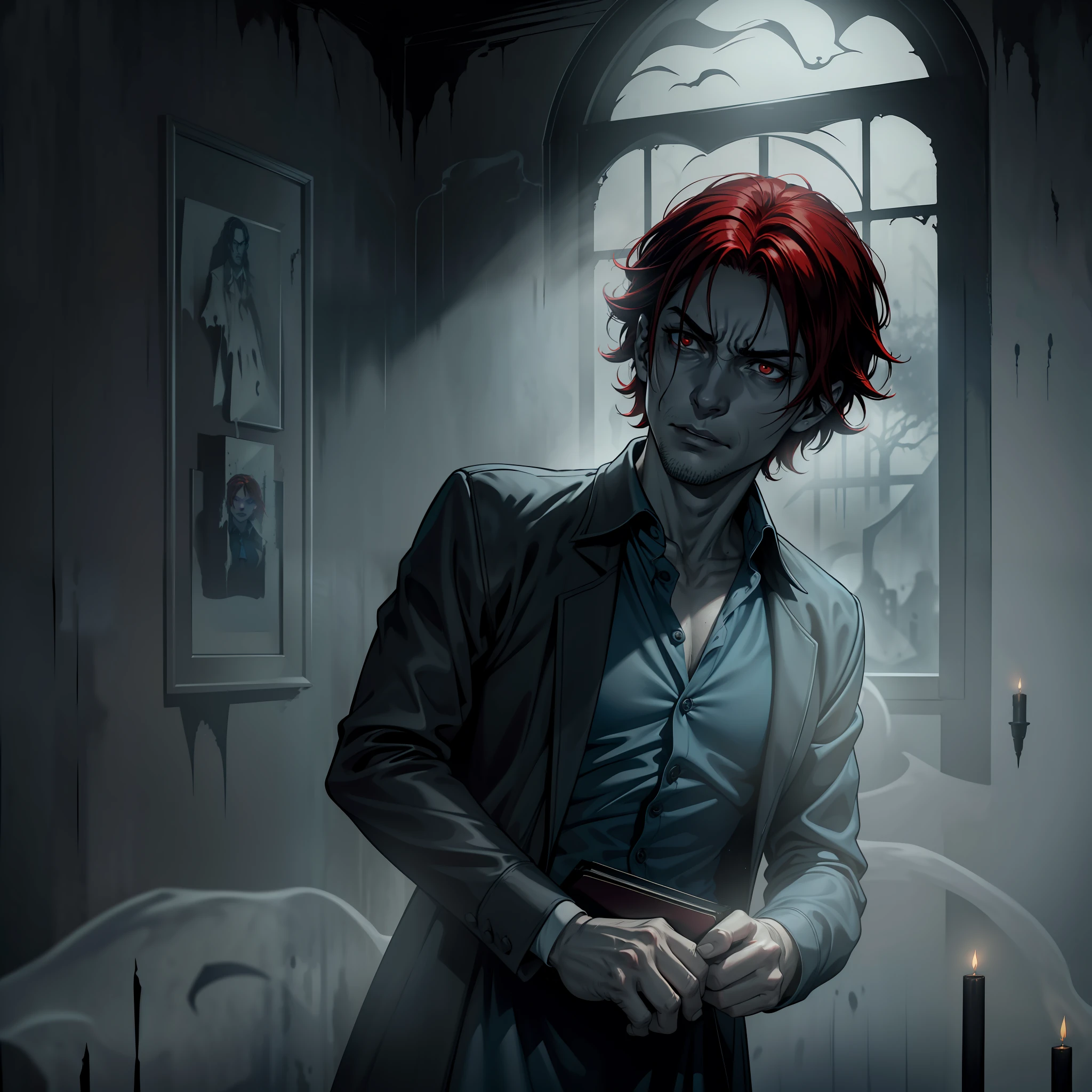 (extremely detailed 8k wallpaper), dark theme, Vampire the Masquerade, modern horror, 2020s, middle-aged man, (((((((haunting))))), wearing blue dress shirt, teacher, sharp focus, (subsurface scattering:1.1), award-winning photography, centered face, half-body photo:1.1, (short red hair), white eyes:1.2, serious expression, inside haunted room, dramatic lighting