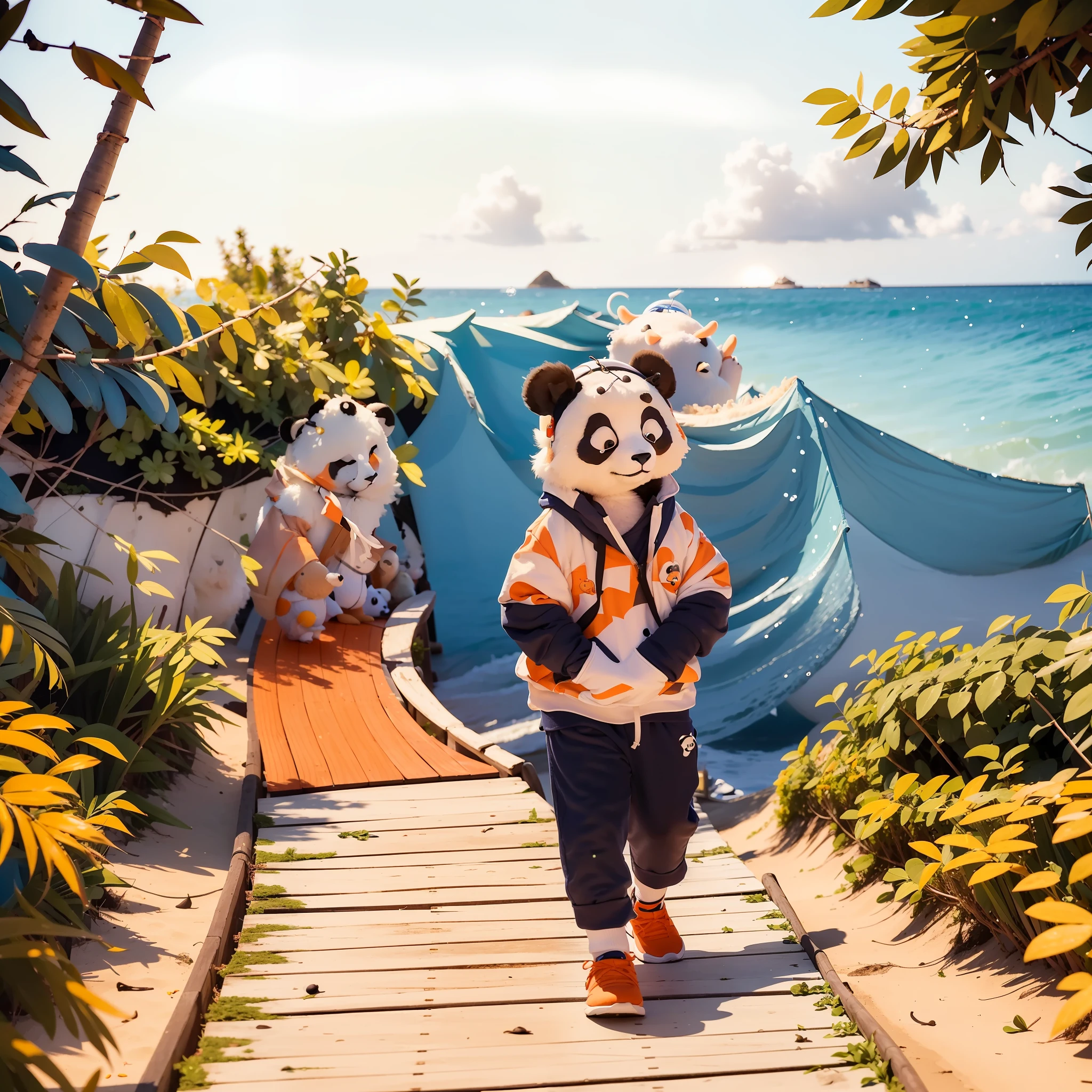 A cute well-detailed panda, wearing a comfortable blue sweatshirt and headphones, walking along the beach of the paradisiacal tropical island, enjoying a stunning orange sunset as he strolls along the wooden boardwalk beside the gentle waves. Flakes of fluffy white clouds float lazily across the clear sky above the coastal landscape as a flock of seagulls murmurs in unison in the background.