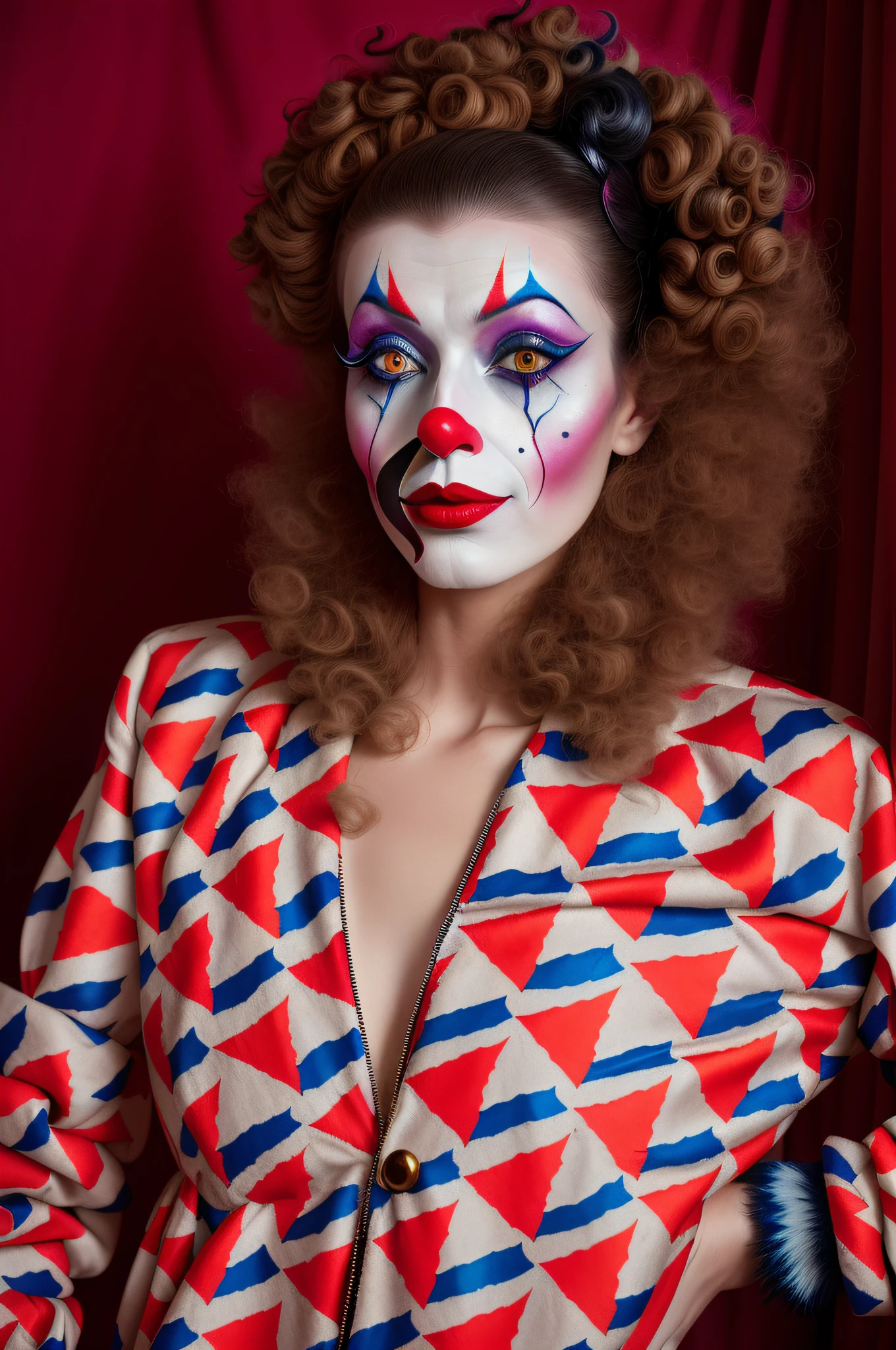 araffe clown makeup and makeup art by a woman, wearing clown makeup, wearing accurate clown makeup, portrait of circus artist, clown makeup, wearing bizarre clown makeup, creepy clown girl, clown girl, scary clown, real clown makeup, realistic clown makeup, clown, intricate clown makeup, portrait death clown, the clown is far from the camera