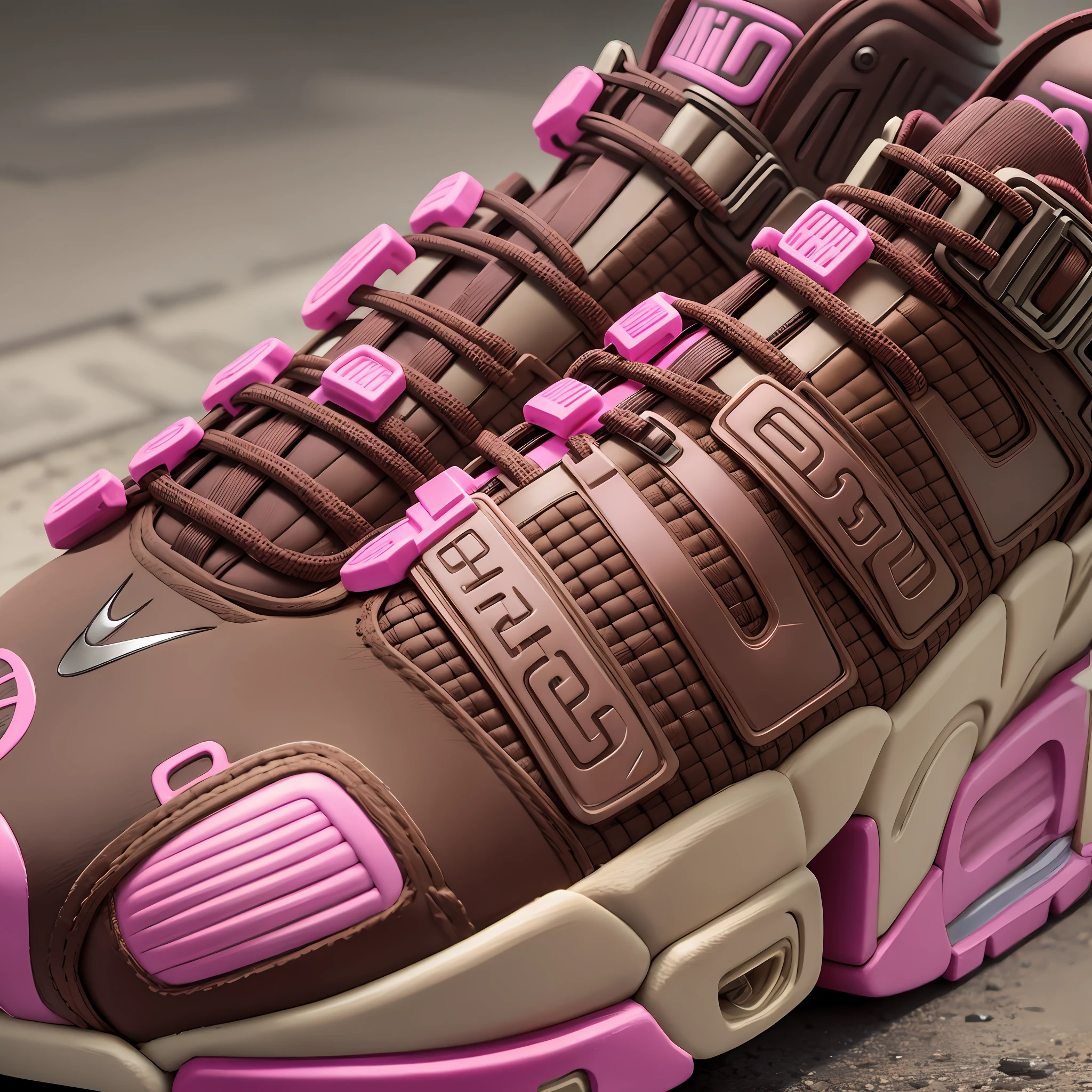 Nike uptempo sneakers color brown and pink cyberpunk realistic, roadrunner scenario 2043 --auto --s2