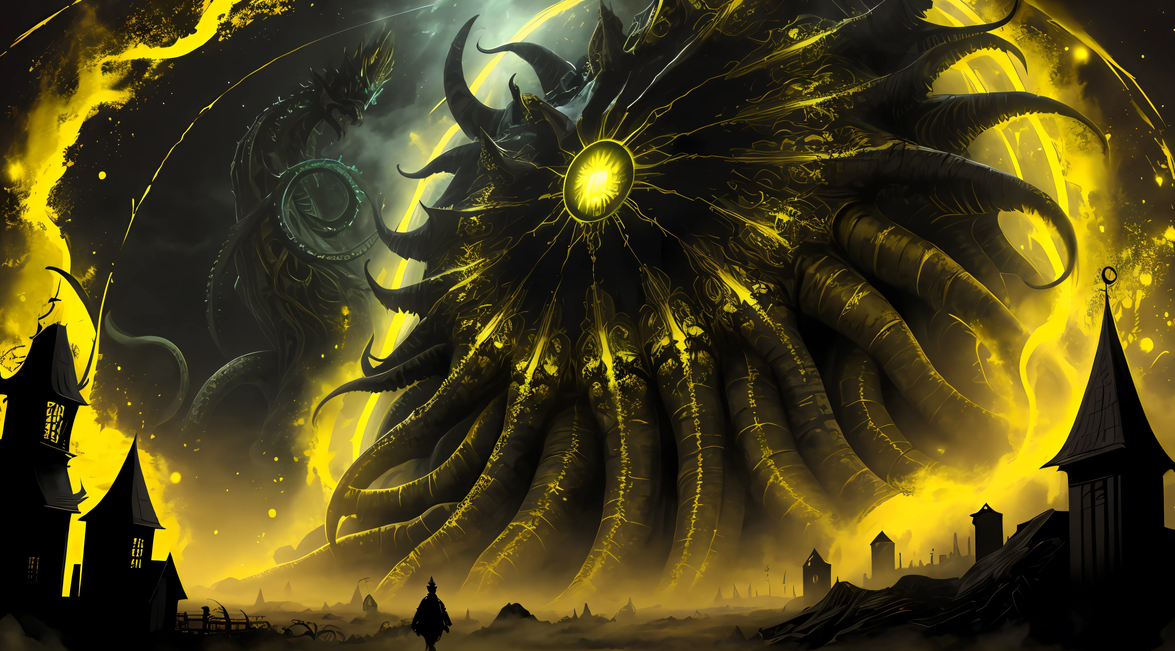 yellow and black, mystical monster, cosmic horror, monstrous creature, Lovecraft, with disgusting tentacles, surrounded by yellow fog, dark shadows, moss and blood, in a dark city, night