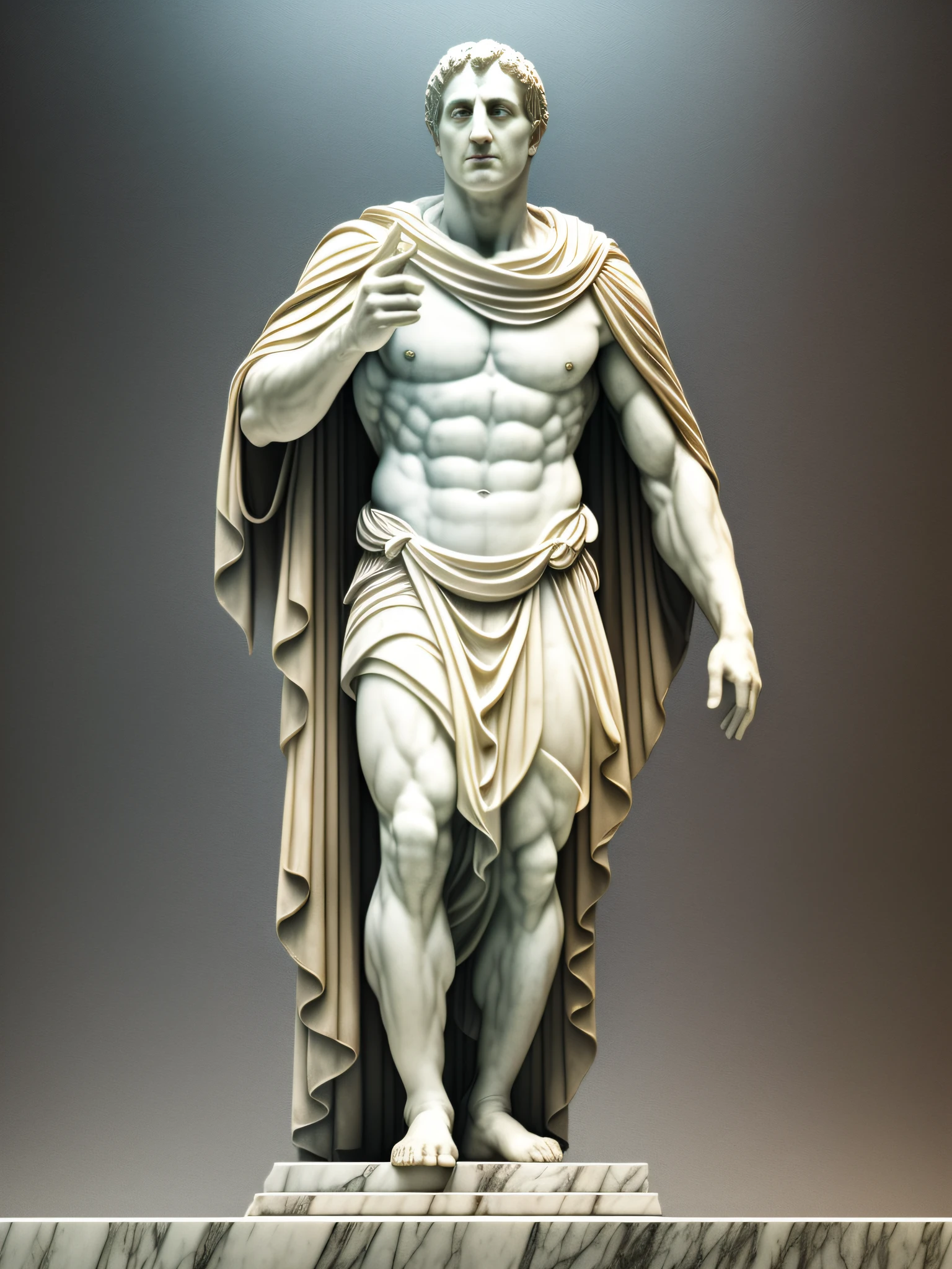 a realistic full body greek white marble statue of julius caesar wearing a ghostly toga, neutral background, moody, , photorealistic, cinematic scene, super detailed, hyper realistic, bright lights, 8 k --auto --s2