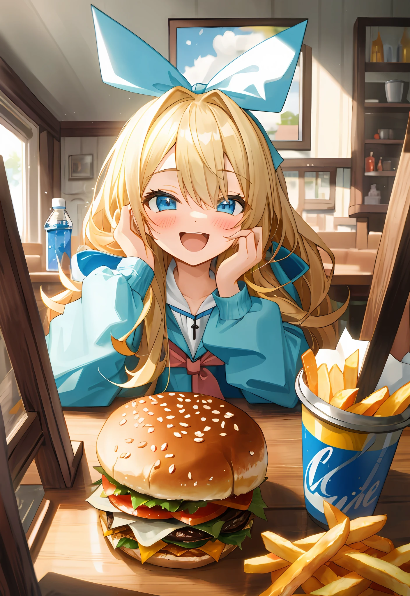 ((masterpiece, best quality)), 1girl, solo, pov, table, fischl (Alice in Wonderland), blue eyes, blonde hair, two sides up, long hair, hair over one eye, hoodie, open jacket, cropped jacket, contemporary, casual, open mouth, blush, happy, looking at the viewer, hamburger, fries, soda, sandwich, restaurant, interior, pov all over the table