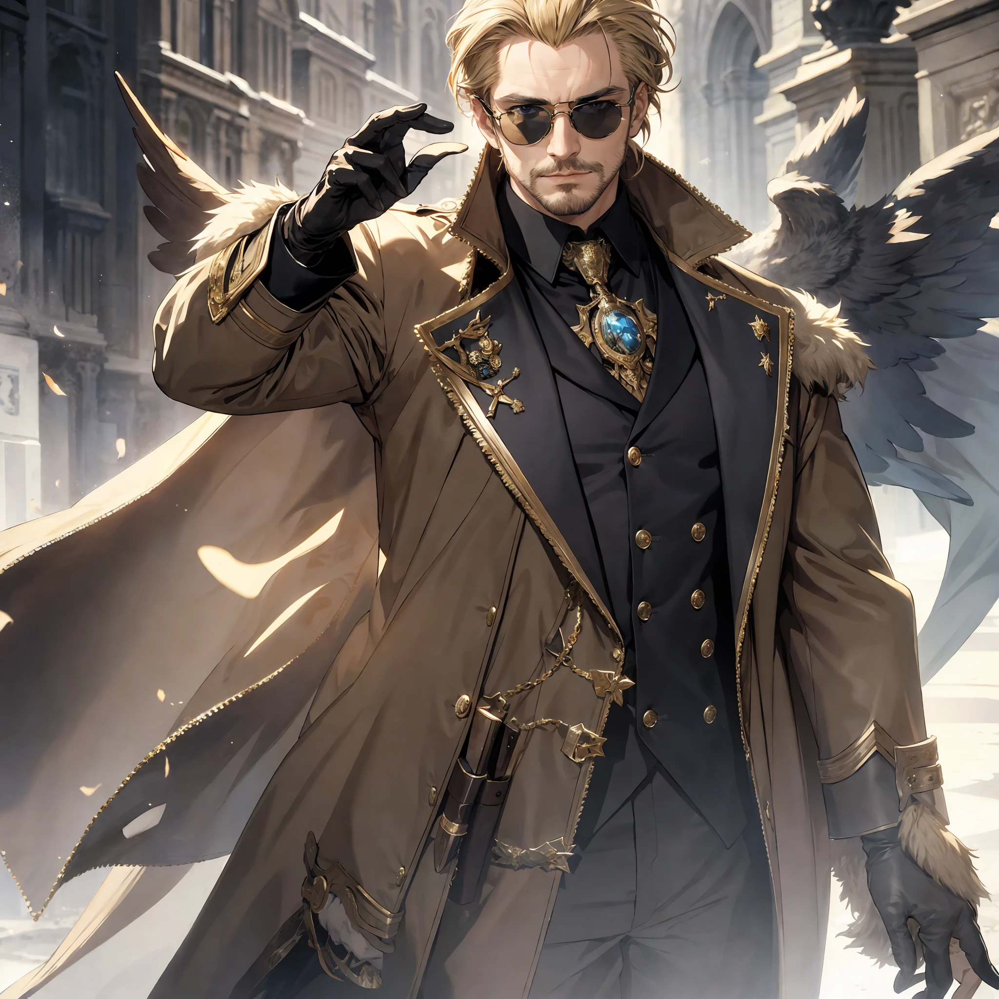 masterpiece, best quality, 1man, mature, man, fantasy, coat, dark blonde hair, blonde facial hair, male focus, solo, vibrant black eyes, sunglasses, gloves, looking at the viewer, blonde hair, cape, coat, closed mouth, very detailed, shadowverse style