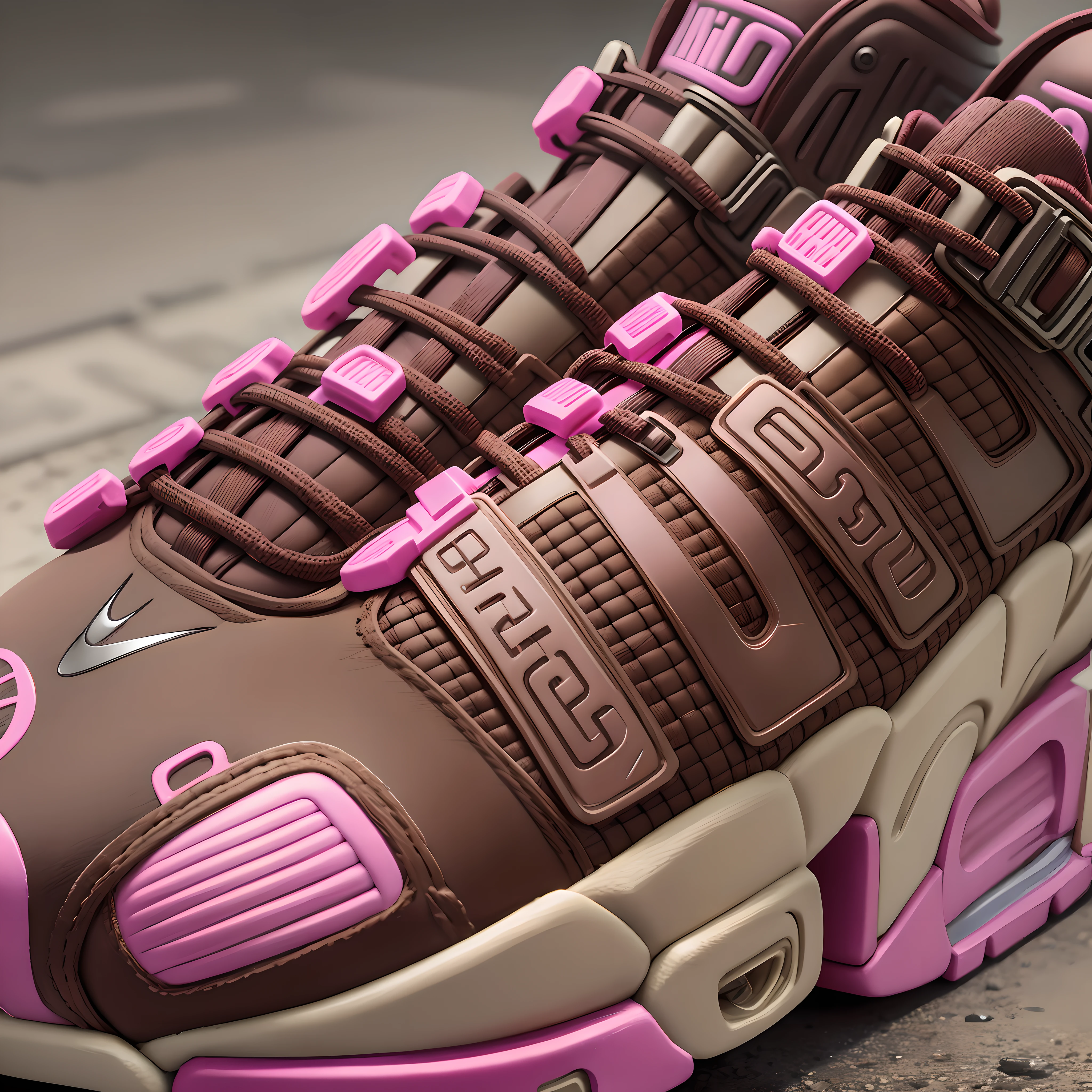 Nike uptempo sneakers color brown and pink cyberpunk realistic, roadrunner scenario 2043 --auto --s2