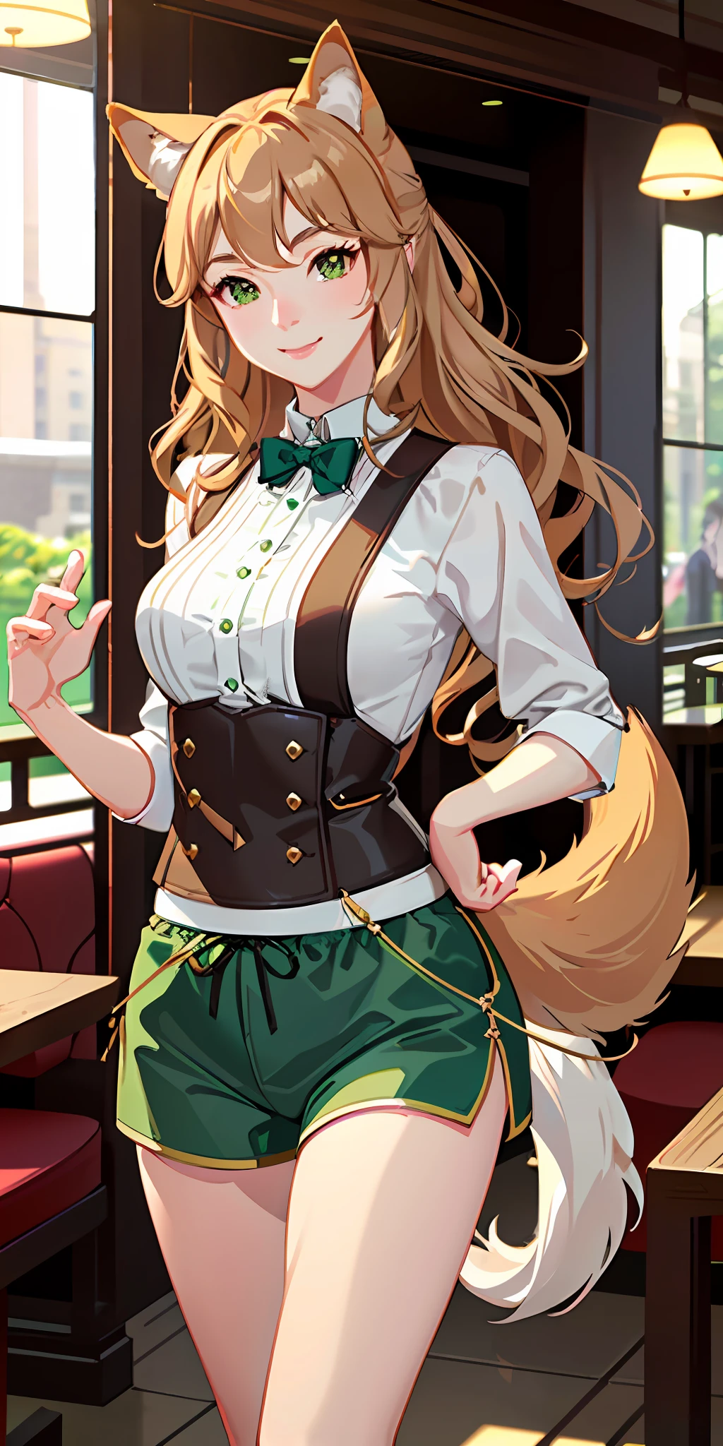 delicate and beautiful CG artwork),(best quality, ultra-detailed, high resolution),(dynamic angle, dynamic lighting),(short wavy brown), green eyes, beautiful face), (long sideburns, inside, restaurant, shiba inu, dog, smile, blue shorts, brown shirt, 3 d, dog tail, dog ears
