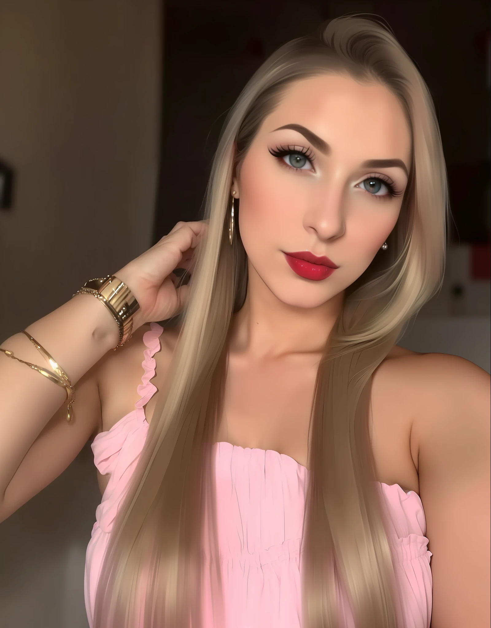 A closeup of a woman with long hair wearing a pink dress, Kailee Mandel, Marischa Becker, 30-year-old woman from Cuba, Lorena Avarez, Imane Anys, 19-year-old girl, she is about 2 , Fernanda Suarez, Malika Favre, Angelawhite details in sexy look, lipstick red lips, extremely beautiful vivid eyes