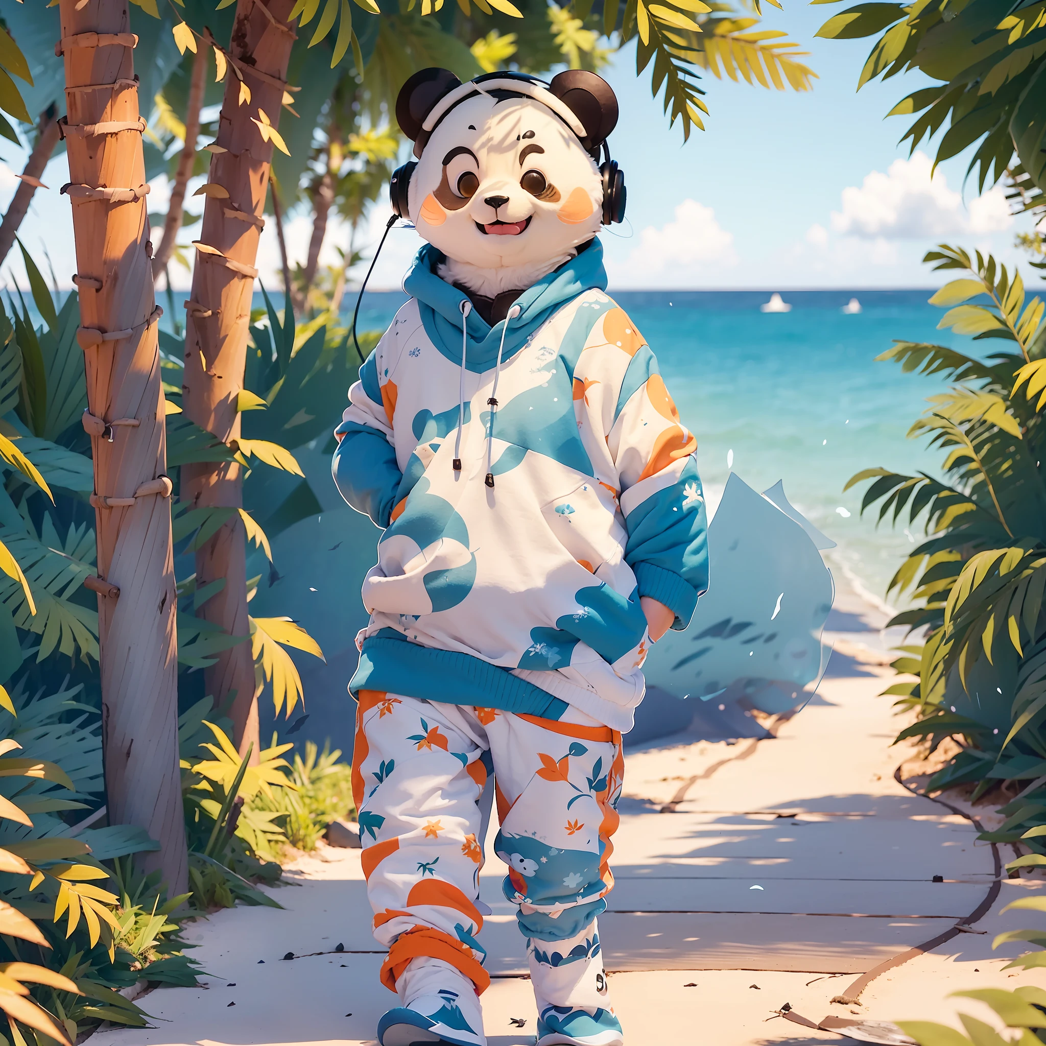 A cute well-detailed panda, wearing a comfortable blue sweatshirt and headphones, walking along the beach of the paradisiacal tropical island, enjoying a stunning orange sunset as he strolls along the wooden boardwalk beside the gentle waves. Flakes of fluffy white clouds float lazily across the clear sky above the coastal landscape as a flock of seagulls murmurs in unison in the background.