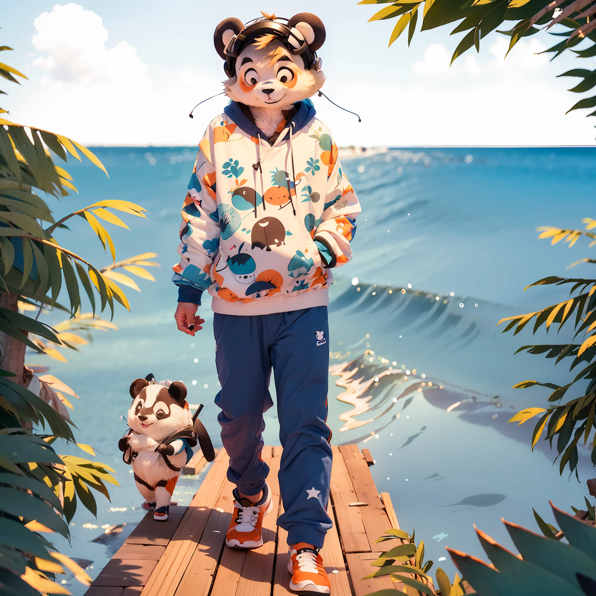 A cute well-detailed panda, wearing a comfortable blue sweatshirt and headphones, walking along the beach of the paradisiacal tropical island, enjoying a stunning orange sunset as he strolls along the wooden boardwalk beside the gentle waves. Flakes of fluffy white clouds float lazily across the clear sky above the coastal landscape as a flock of seagulls murmurs in unison in the background.