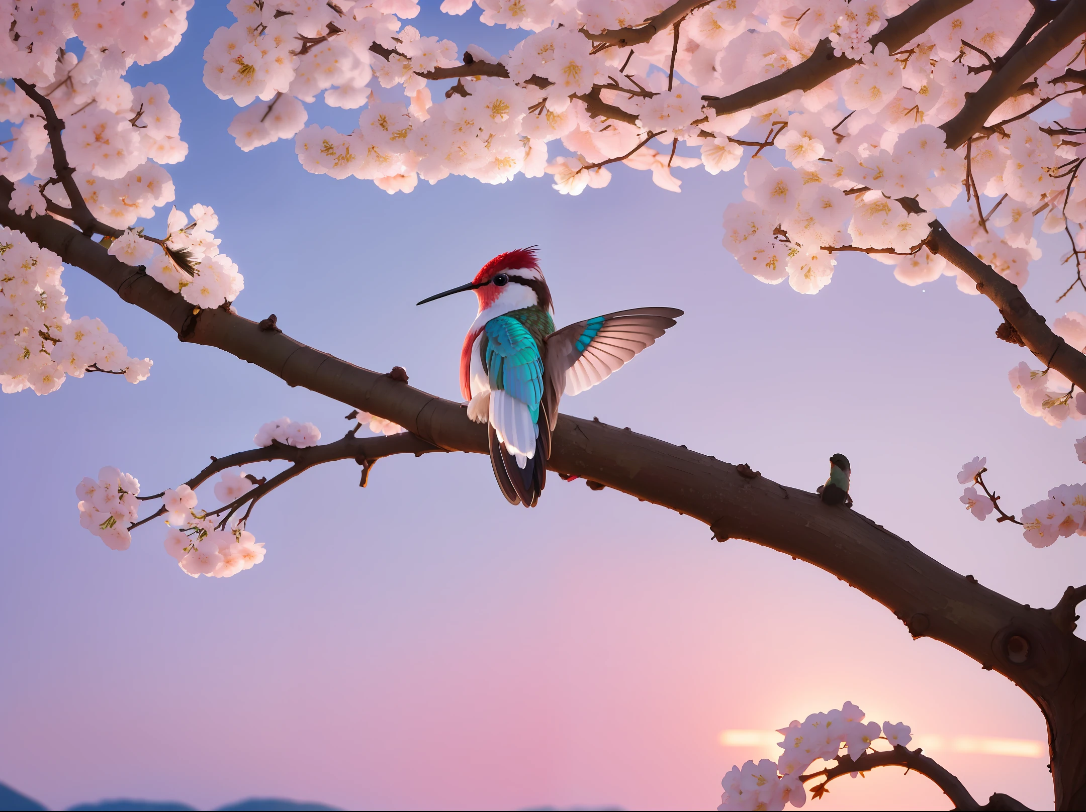 Superb hummingbird on a branch tree near white cherry blossoms, dark, sunrise, dawn, (cold morning: 1.1), (morning dew: 1.15), realistic photography, (discreet photography: 1.2), detailed, 8k, intricate bristling feathers, water drops on feathers, (contrast style), (mist:0.7), vivid colors, Sony a6600 Mirrorless Camera, embellish2