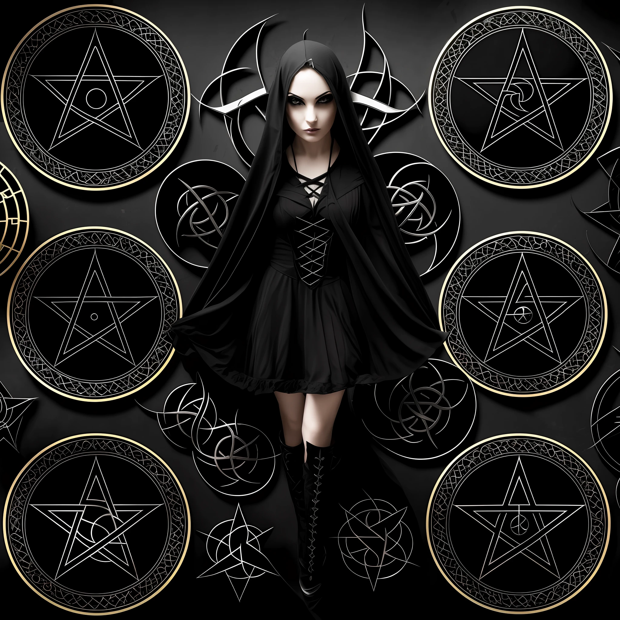 Five women black gothic clothing, pentagram, chemical symbol of sulfur.