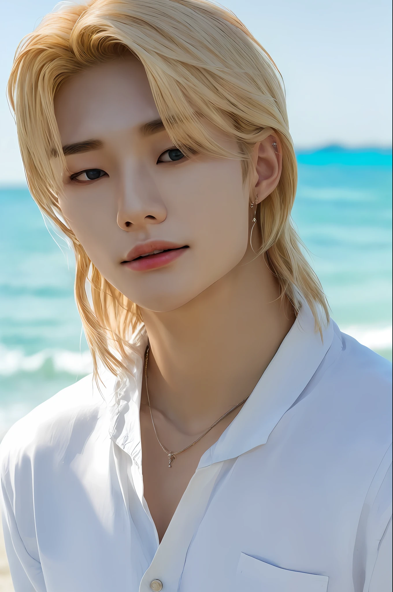 Hyunstayv2, frontal, shimmering, split lips, (blonde hair:1.2), (ultra realistic:1.2), (shoulders and chest: 1.2), (close-up photo:1.1), (intricate:1.2), (beach background:1.2), (looking at the viewer:1.2).