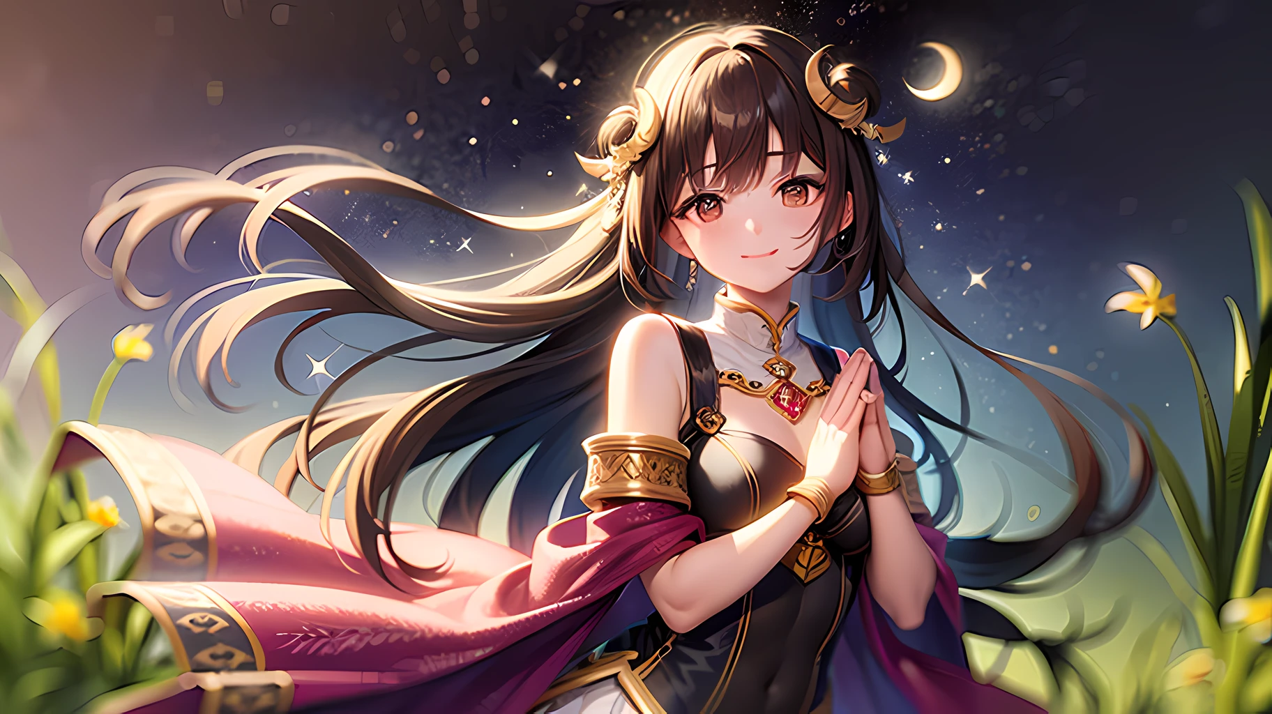 masterpiece, highres, best quality, 1 girl, solo, (18yo), gorgeous, long brown hair, big brown eyes, fair skin, gentle smile, praying pose, floating dress, (translucent fabric:1.2), barefoot, standing on grass, field, midnight blue sky with stars, shooting stars, crescent moon, constellation, aurora borealis, beautiful detailed background, depth of field, mystical, dreamy, emotional, ambient lighting, bokeh, lens flare,