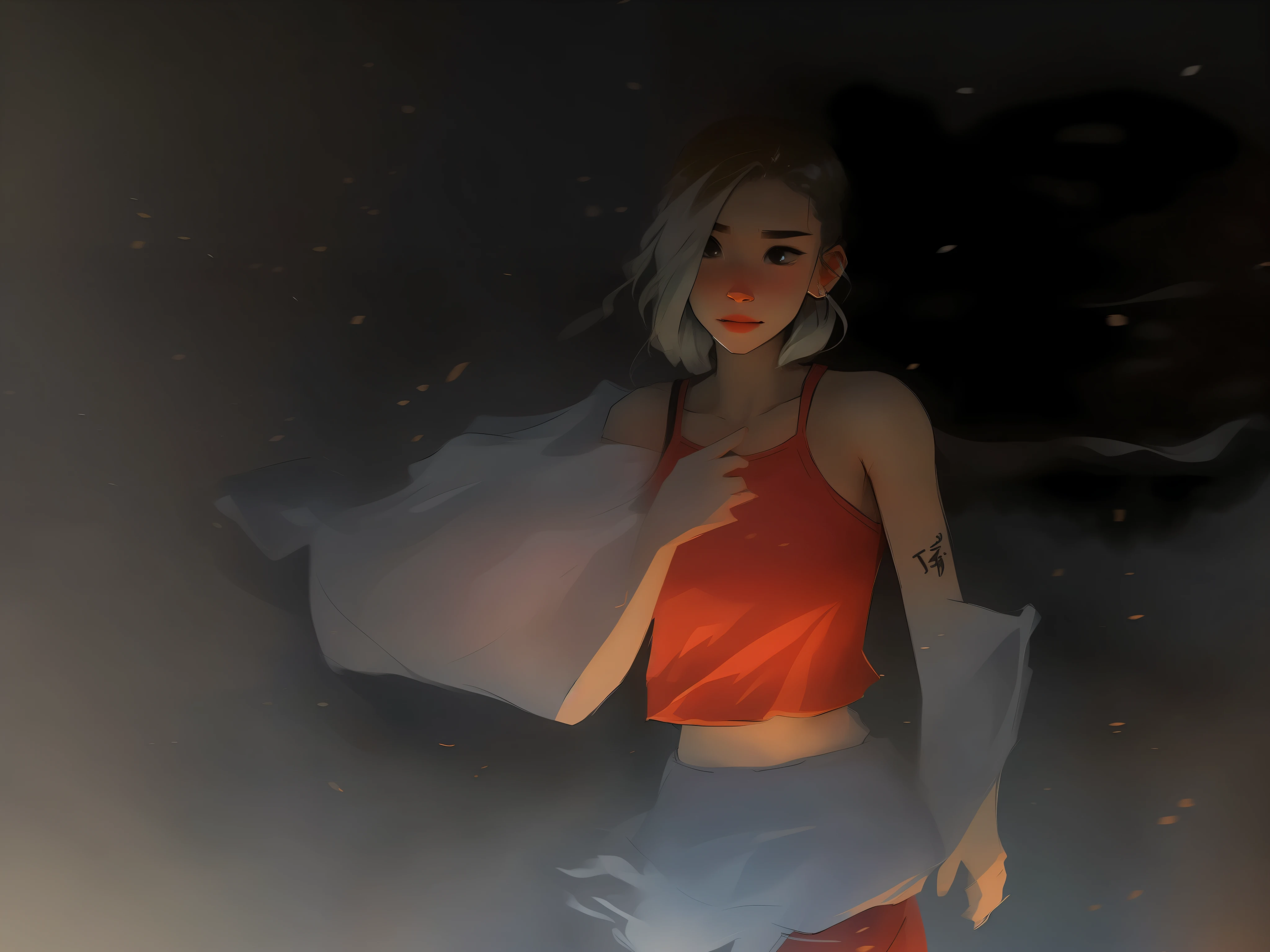 samdoesarts; Half body portrait of beautiful woman wearing crop top and cargo pants, military boots, f anxious expression, worried face, splashing, hair in a bun, splattering, running away, vaporware, digital art, art station trend, very elaborate, elaborate