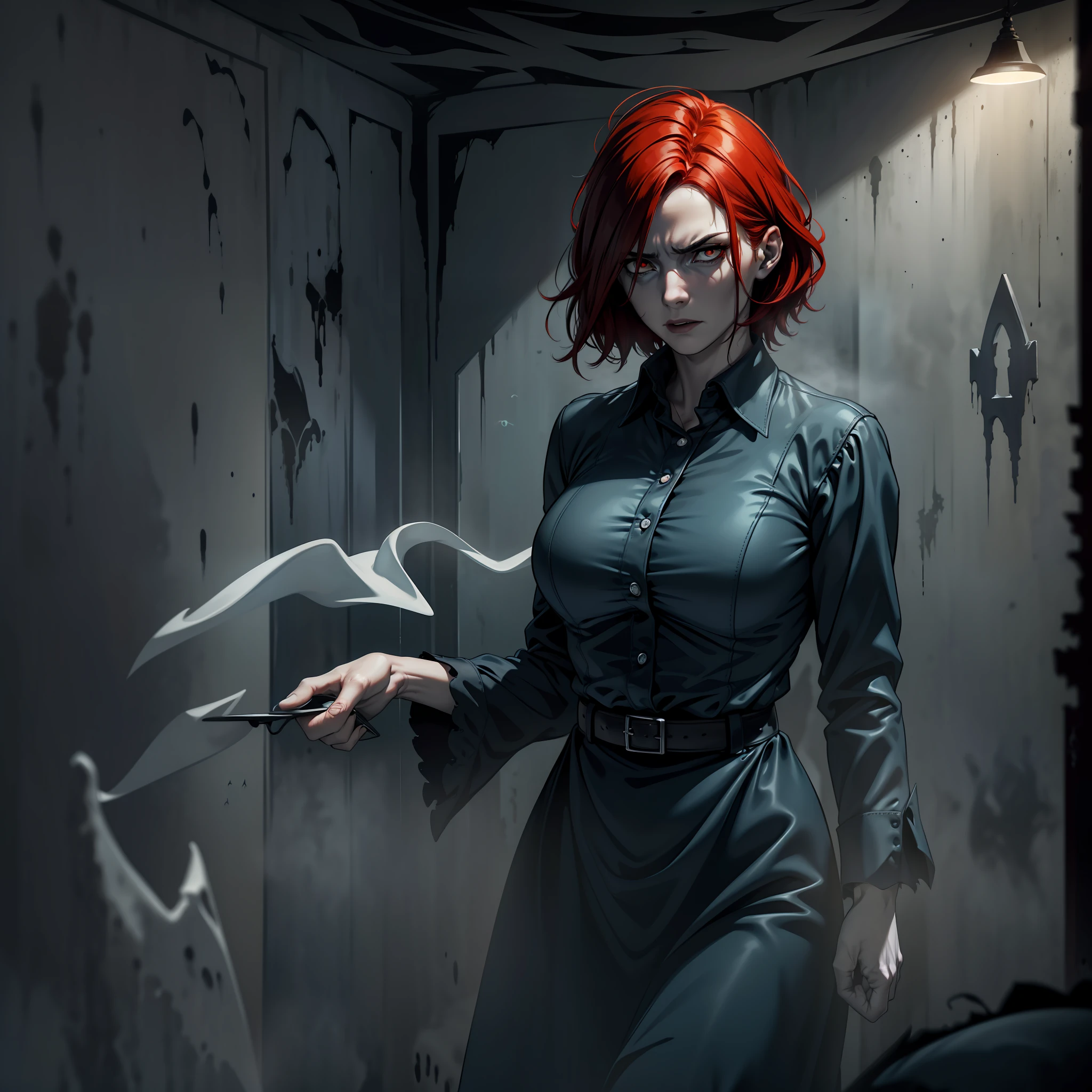 (extremely detailed 8k wallpaper), dark theme, Vampire the Masquerade, modern horror, 2020s, middle-aged man, (((((((haunting))))), wearing blue dress shirt, teacher, sharp focus, (subsurface scattering:1.1), award-winning photography, centered face, half-body photo:1.1, (short red hair), white eyes:1.2, serious expression, inside haunted room, dramatic lighting
