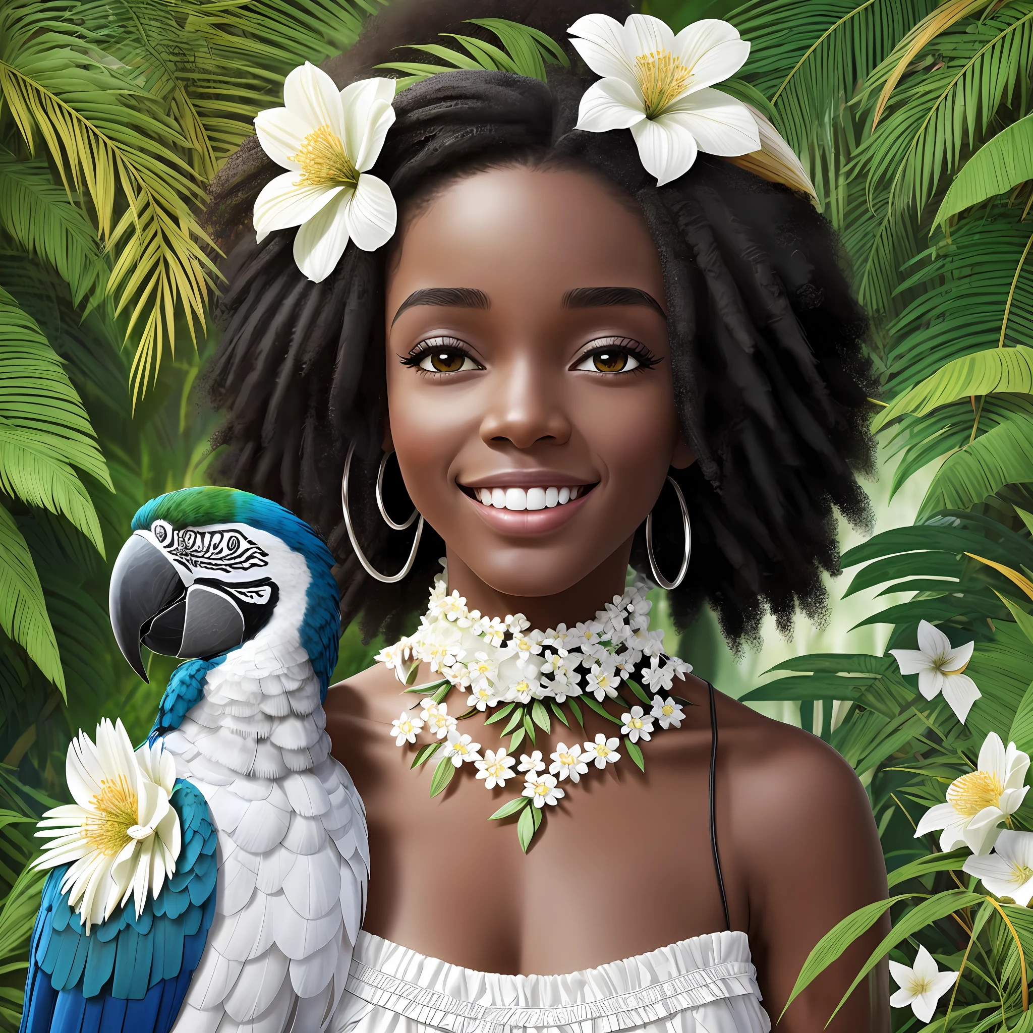 ultra-realistic image, a beautiful girl , (black:1.3, afro hair, white flowers in the hair), background (forest, with a macaw by her side), graceful smile:1.2, cheerful, deep happiness, intense lighting:1.3 and super detailed
