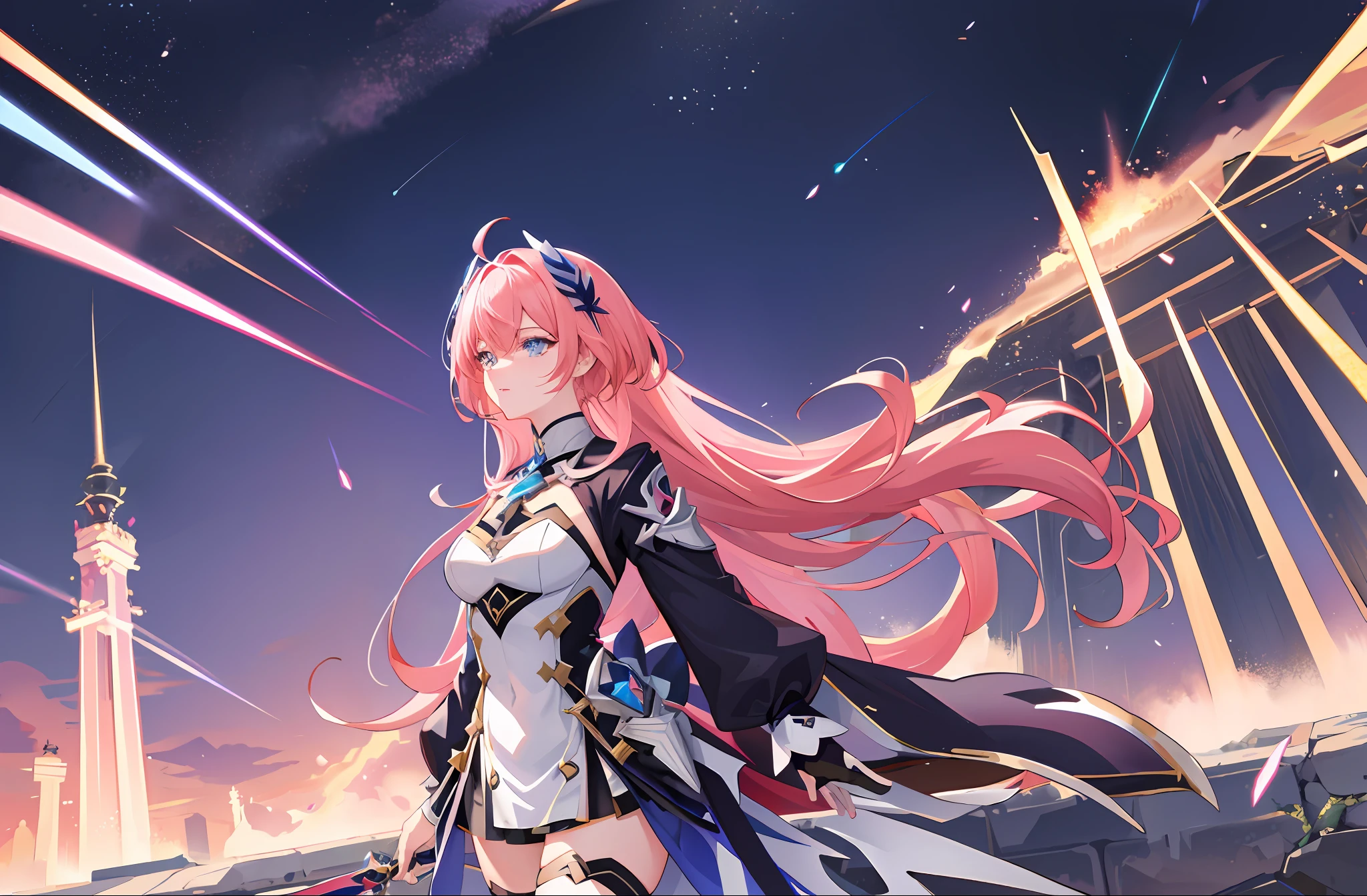 ((anime style)) Elysia, Honkai Impact's most powerful valkyrie, stands atop an ancient, ruined Elysian kingdom. Her majestic suit bursts with energy as she summons her mighty sword, ready to face the enemy. Her pink hair blows in the wind like a colorful meteor shower lights up the night sky behind her and explosions, she has a small waist and thick thighs and a gorgeous look and a sculptural body, and big, soft round breasts, linfo face