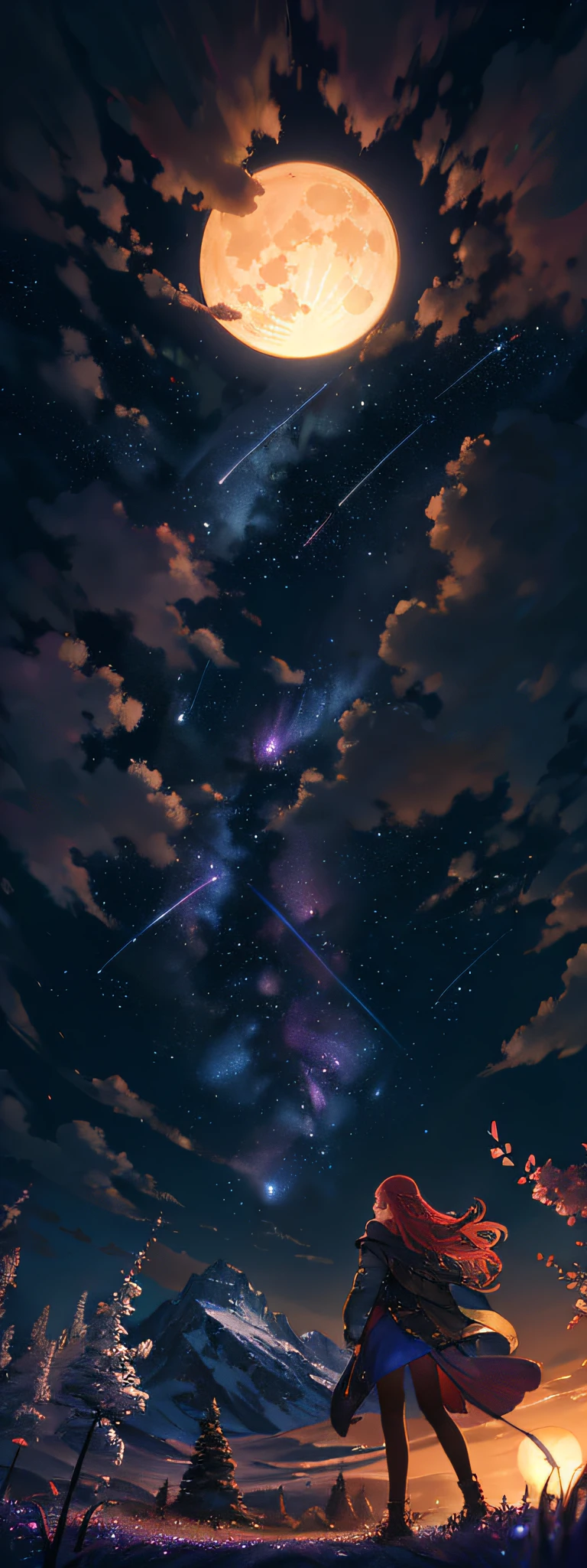 expansive landscape photography, (a view from below showing the sky above and the open field below), a girl standing in a field of flowers looking up, (full moon: 1.2), (shooting stars: 0.9), (nebula: 1.3), distant mountain, tree BREAK production art, (hot light source: 1.2), (Firefly: 1.2), lamp, very purple and orange, complex details, volumetric lighting BREAK (masterpiece: 1.1), (best quality), 8k, ultra-detailed, (dynamic composition: 1.4), highly detailed color details (iridescent colors: 1.2), (bright lighting, atmospheric lighting), dreamy, magical, (solo: 1.1)