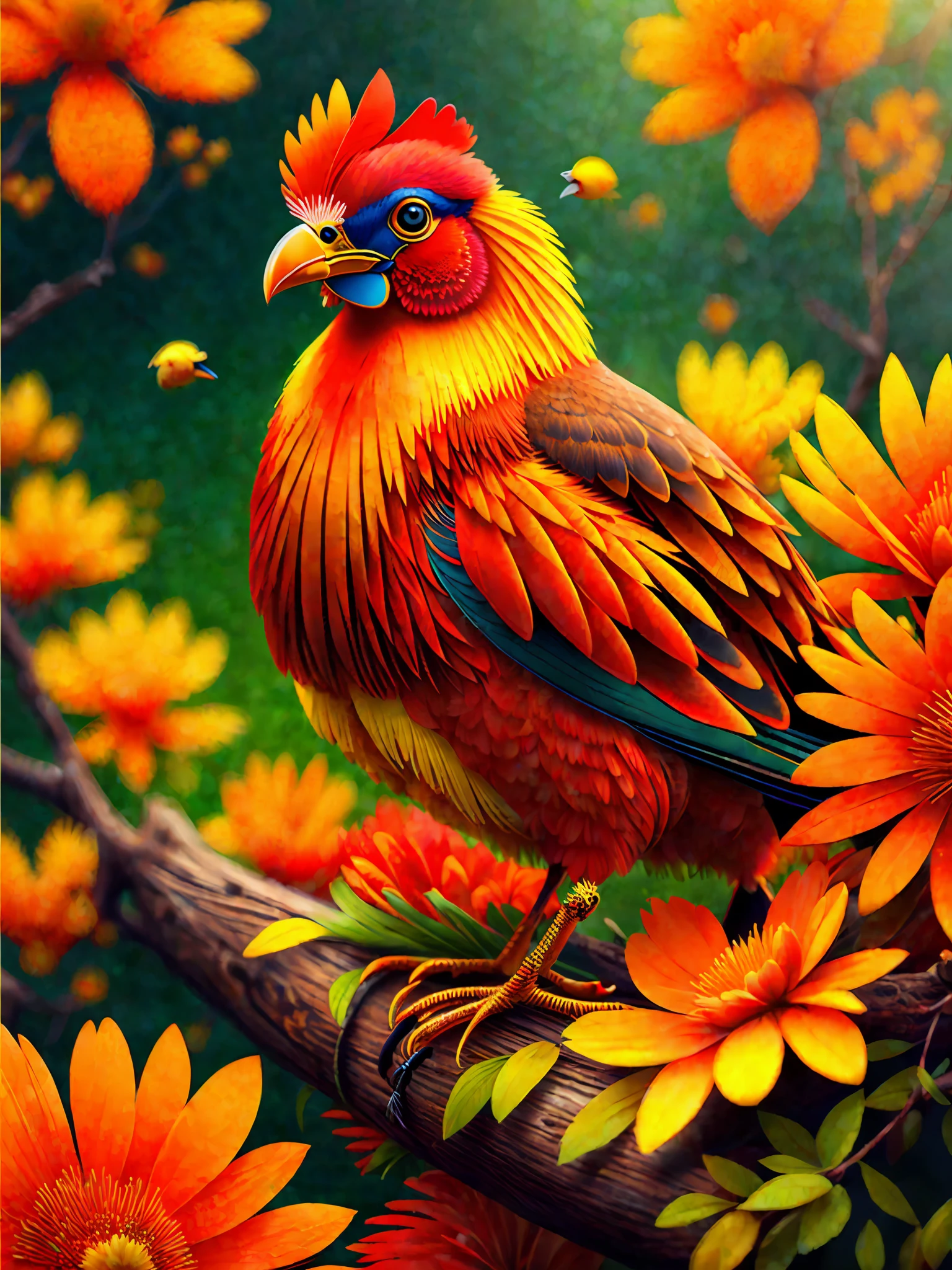 A bird sitting on a branch with orange flowers, CGI art, red-yellow colors, hyper-realistic roosters, Pinterest, photorealistic art style, in rich colors, an image generated out there, very detailed portrait, singing to you, breathtaking rendering