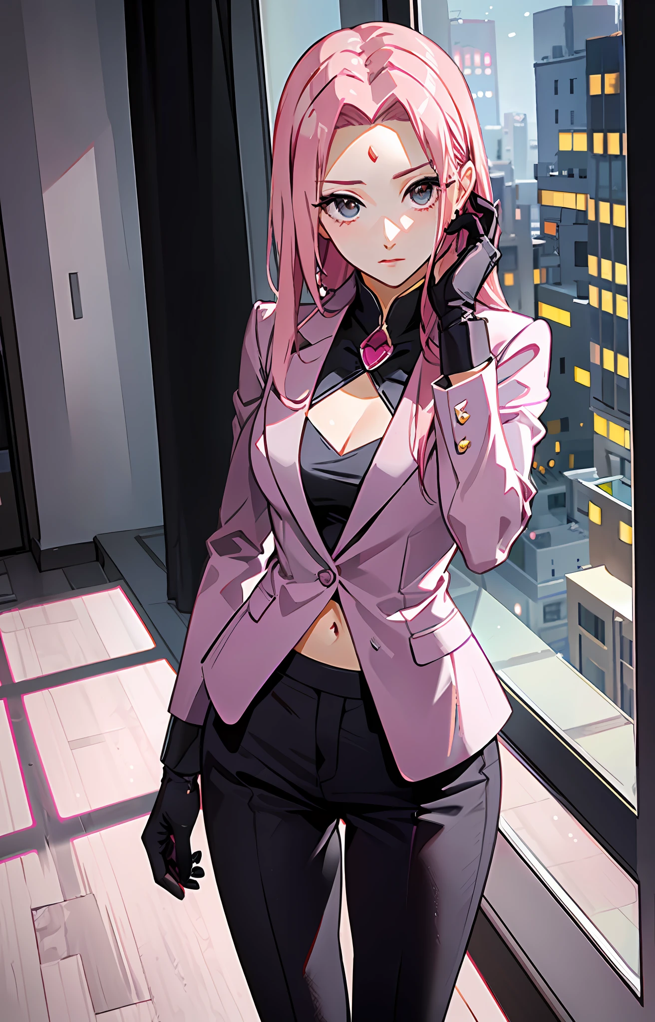 Sakura haruno, ((solo)), alone, ((forehead the show)), elegant,wearing a feminine suit, pink hair, delicate, young, long hair, detailed face, high definition, ((full body)), full body, ((serious)), in an office looking at the city outside the window, CEO, she is a beautiful woman of success, face with high quality,CEO, defined eyes, high definition, sharp, sharp features