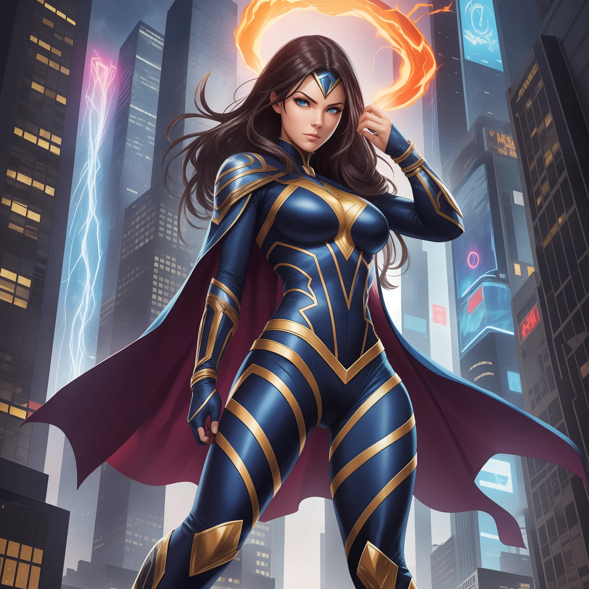 Create an illustration of a female character with influences from Marvel superheroes, with costume glued to the body and vibrant colors. She should have long, dark hair, large, expressive eyes. Your pose should show confidence and strength. Add elements such as a cape or cloaks, as well as symbols or logos that refer to the powers she possesses. The powers can be based on super-strength, invulnerability, flight or elements such as fire, ice, electric, etc. The setting can be an urban environment, with skyscrapers and neon lights, adding a touch of action and drama to the illustration.