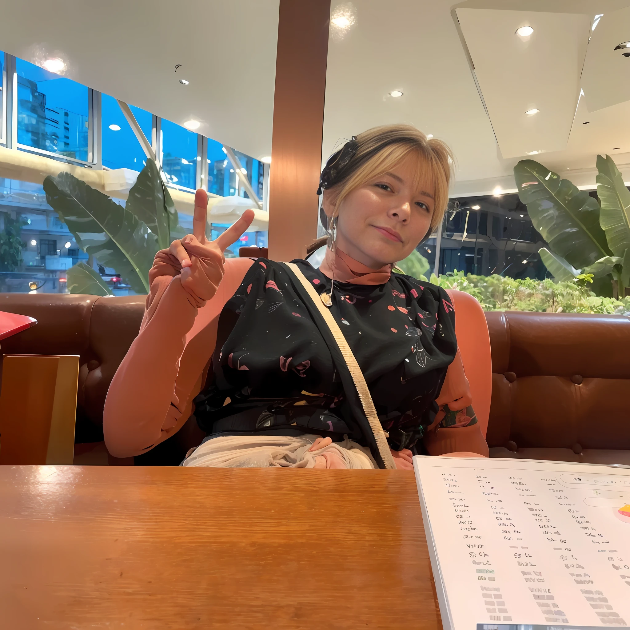 Woman sitting at the table with a peace sign in front of her, woman, 35 years old, turn into cartoon style drawing metallic colors bright colors