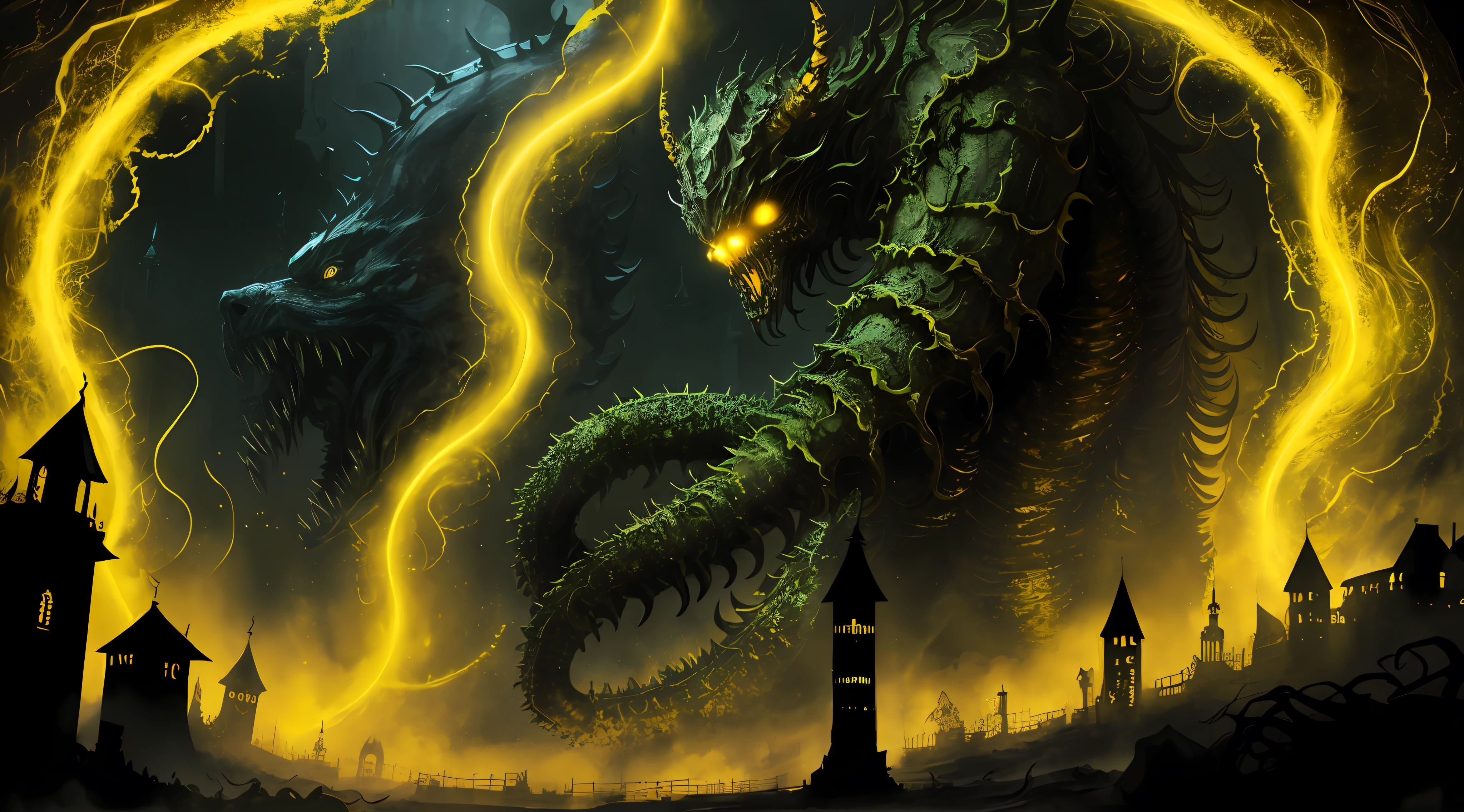 yellow and black, mystical monster, cosmic horror, monstrous creature, gore, Lovecraft, with disgusting tentacles, surrounded by yellow fog, dark shadows, moss and blood, in a dark city streets, night
