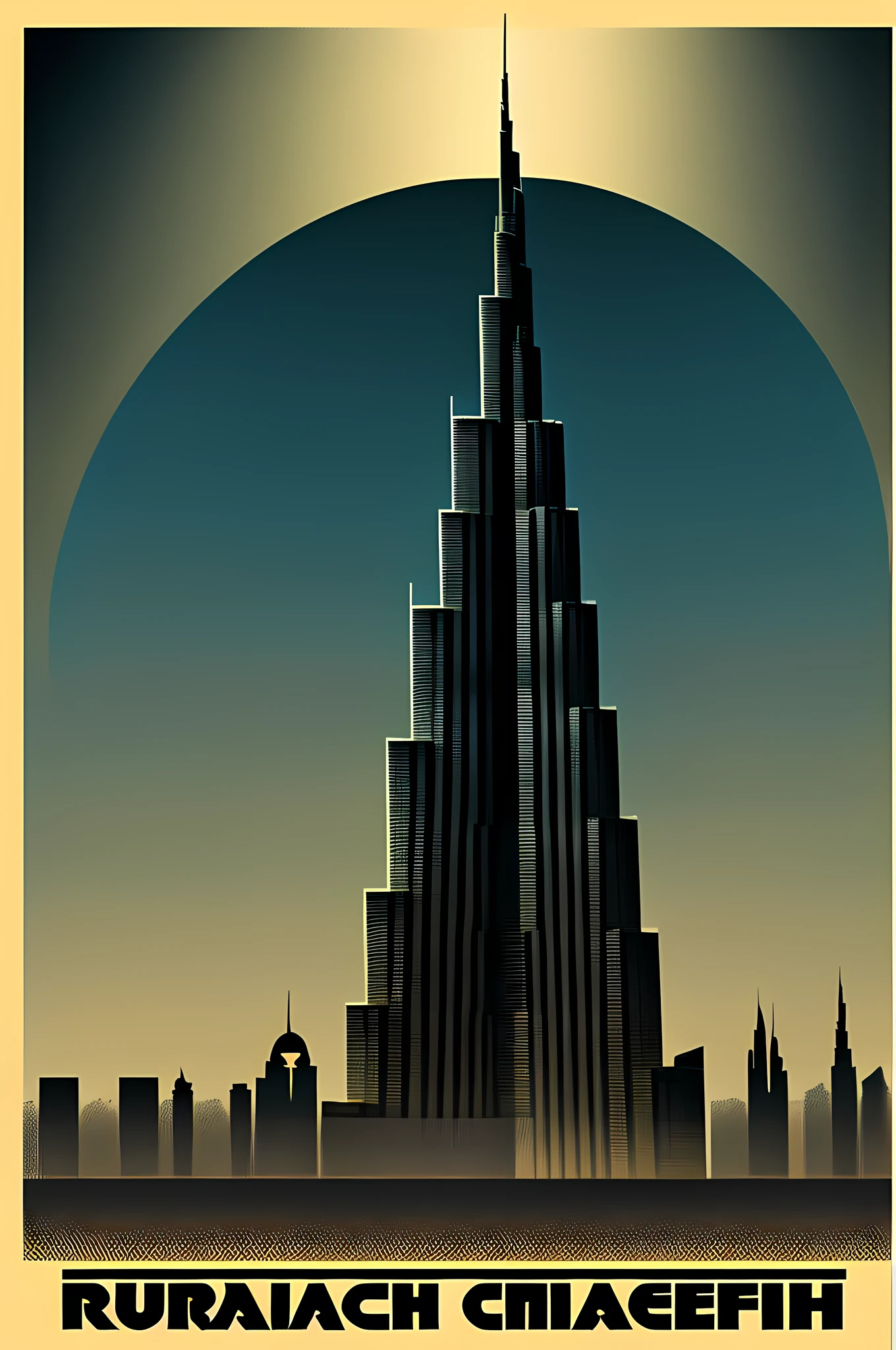 music album cover design, brutalism, Burj Khalifa, sacred land, vector art, mixed media, threshold halftone effect, symbols and elements in tshirt design style, balanced, Rodchenko, vintage composition, golden ratio principles
