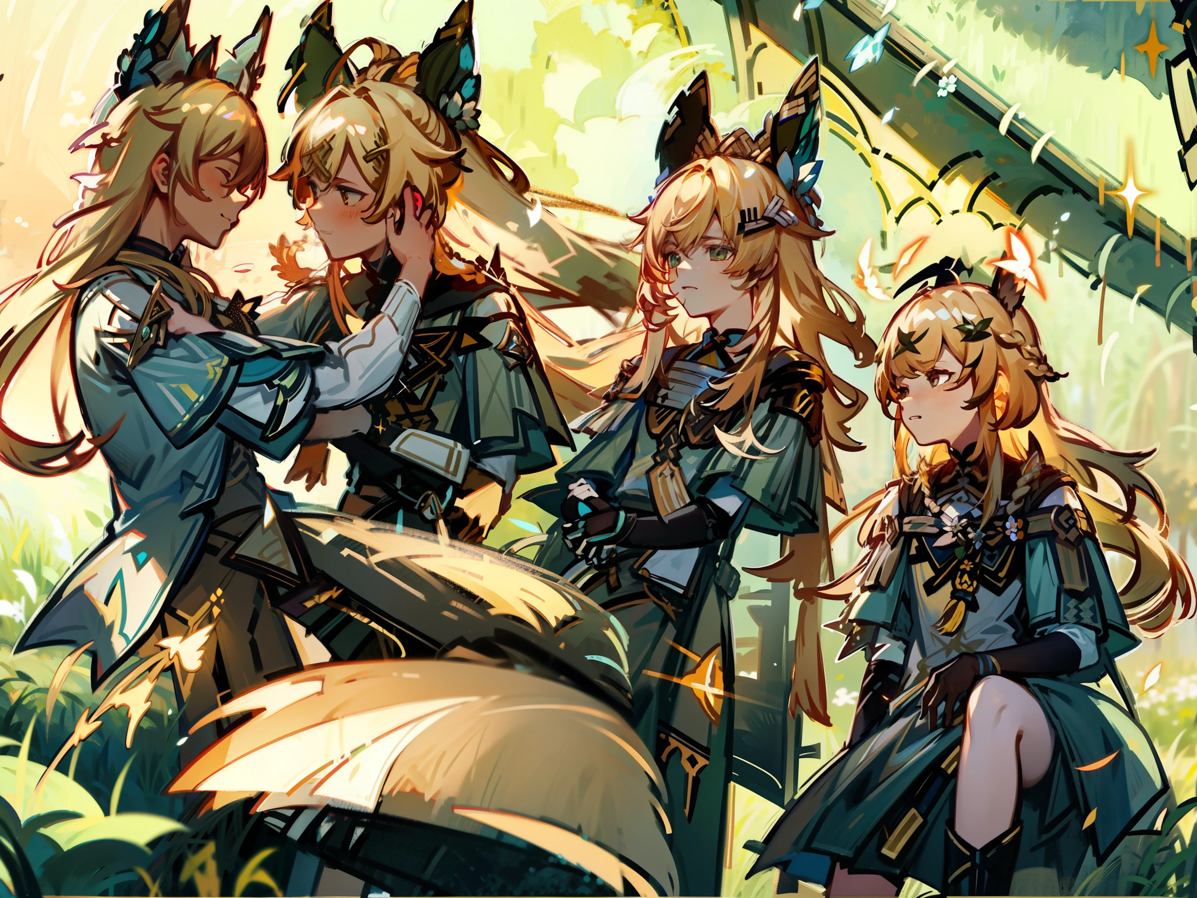 "Starry sky, meadow, bright lighting, natural countryside, blonde long-haired boy, flaxen braided boy, gay, Brenlang light and shadow, beautiful fairy tale, beautiful light and shadow, delicate and delicate, two-dimensional, Genshin." --auto --s2