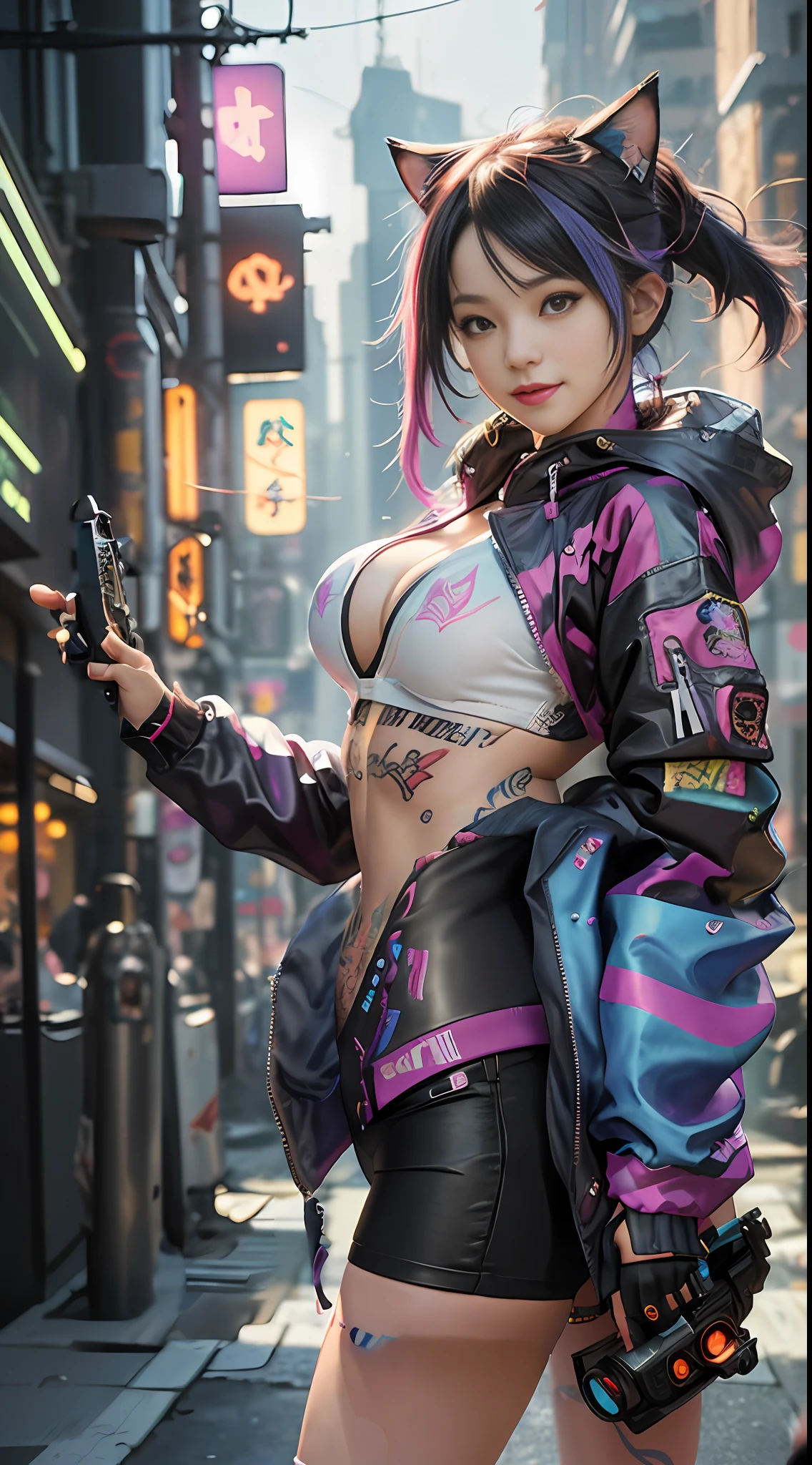 Beautiful photorealistic photograph of cute smiling nekomata catgirl wearing colorful tech jacket and assorted cyberpunk clothing and paraphernalia, colorful shapeless cyberpunk hairstyle, huge breasts, tattoos, dynamic pose, cyberpunk street background, perfect ratio proportions, abstract beauty, approaching perfection, pure form, concept art, by Brian Froud and Carne Griffiths and Wadim Kashin and John William Waterhouse, intricate details, 8k post production, high resolution, hyperdetailed, trending on artstation, sharp focus, studio photo, intricate details, highly detailed