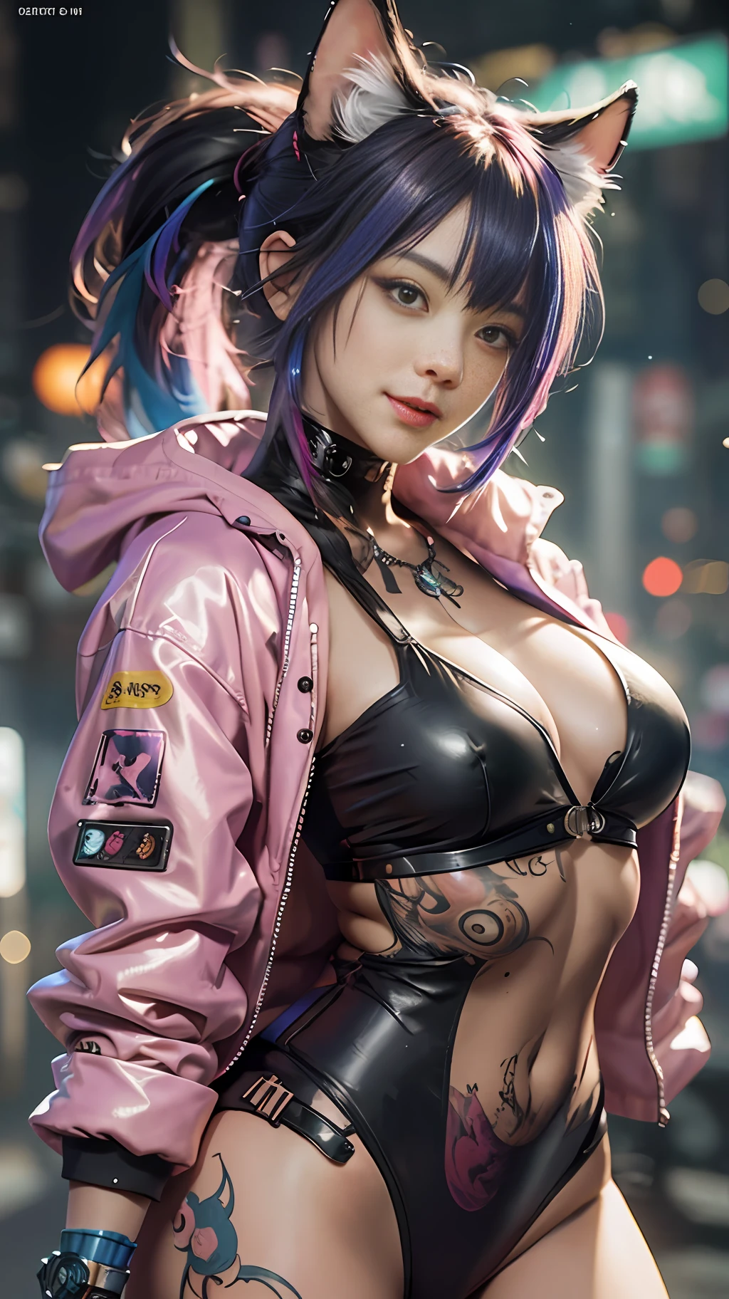 Beautiful photorealistic photograph of cute smiling nekomata catgirl wearing colorful tech jacket and assorted cyberpunk clothing and paraphernalia, colorful shapeless cyberpunk hairstyle, huge breasts, tattoos, dynamic pose, cyberpunk street background, perfect ratio proportions, abstract beauty, approaching perfection, pure form, concept art, by Brian Froud and Carne Griffiths and Wadim Kashin and John William Waterhouse, intricate details, 8k post production, high resolution, hyperdetailed, trending on artstation, sharp focus, studio photo, intricate details, highly detailed