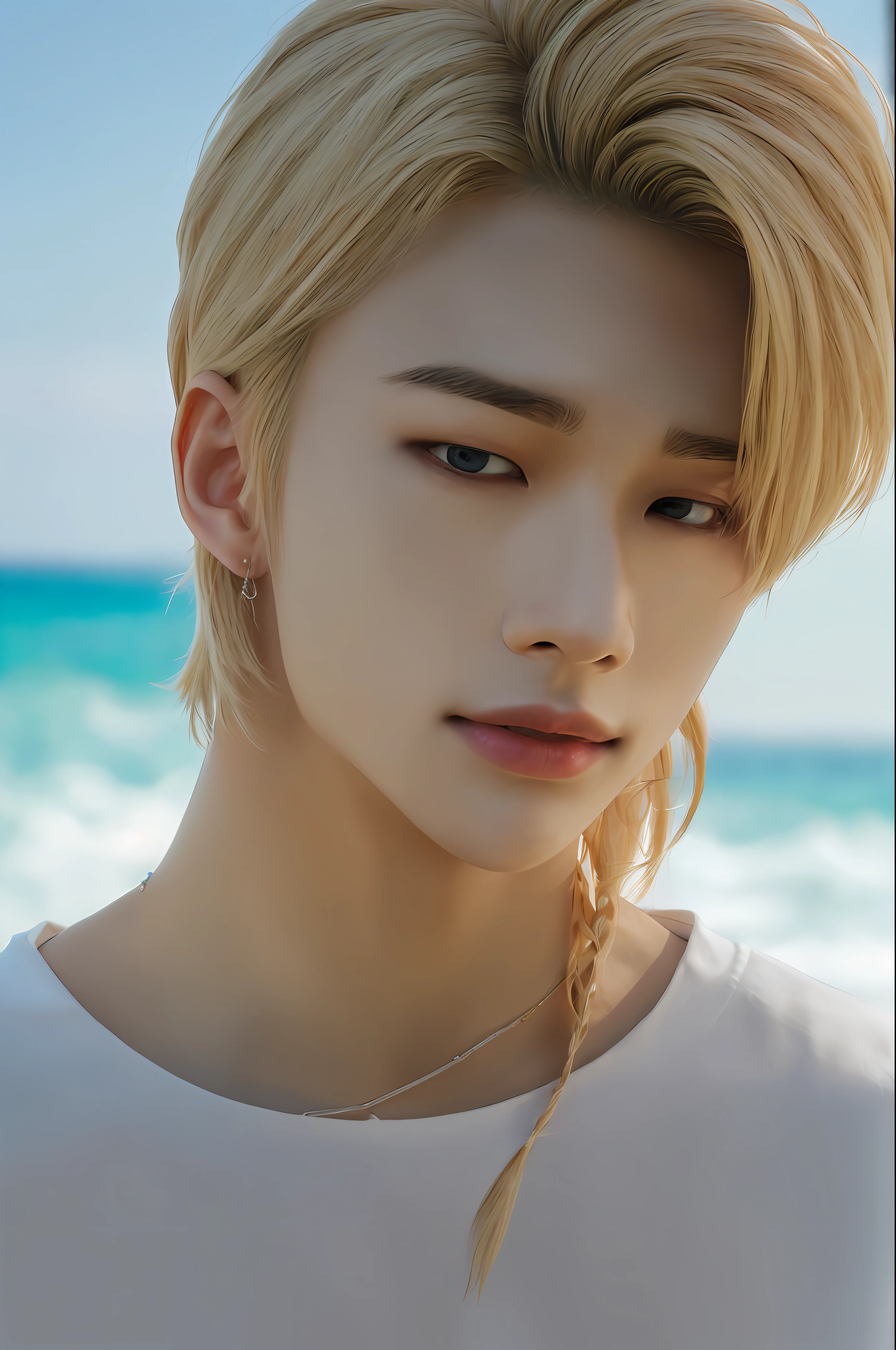 Hyunstayv2, frontal, shimmering, split lips, (long blonde hair:1.2), (ultra realistic:1.2), (shoulders and chest: 1.2), (close-up photo:1.1), (intricate:1.2), (beach background:1.2), (looking at the viewer:1.2).