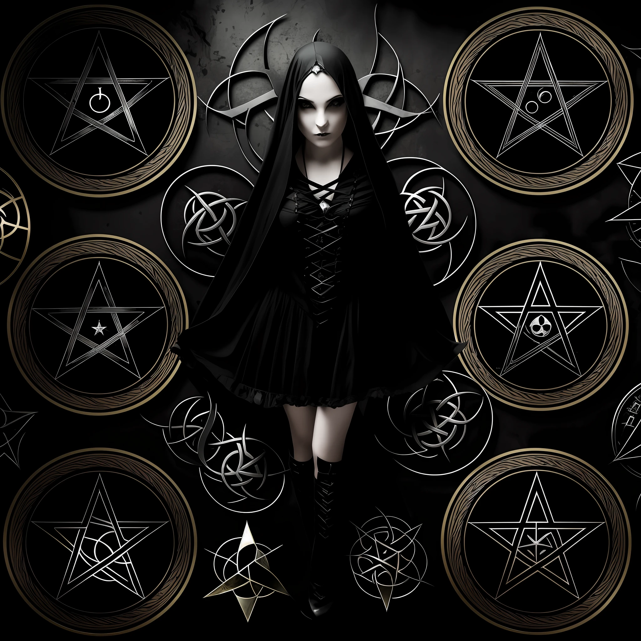 Five women black gothic clothing, pentagram, chemical symbol of sulfur.