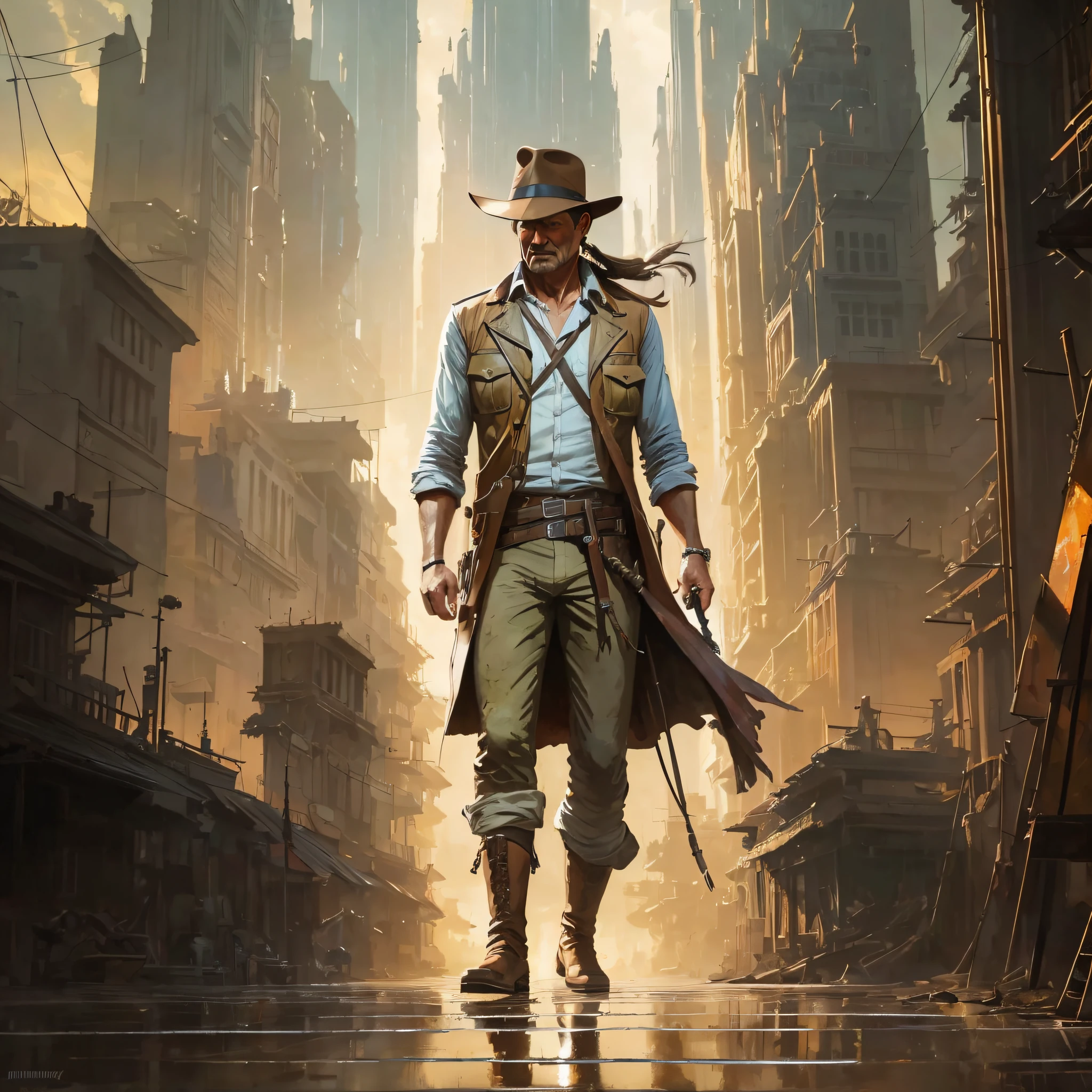 (extremely detailed CG unit 8k wallpaper), full body photo of Indiana Jones' most beautiful artwork, ripped jacket, majestic professional nostalgia oil painting by Ed Blinkey, Atey Ghailan, Studio Ghibli, by Jeremy Mann, Greg Manchess, Antonio Moro, trend at ArtStation, trend at CGSociety, Intricate, High Detail, sharp focus, dramatic and photorealistic painting art by Midjourney and Greg Rutkowski