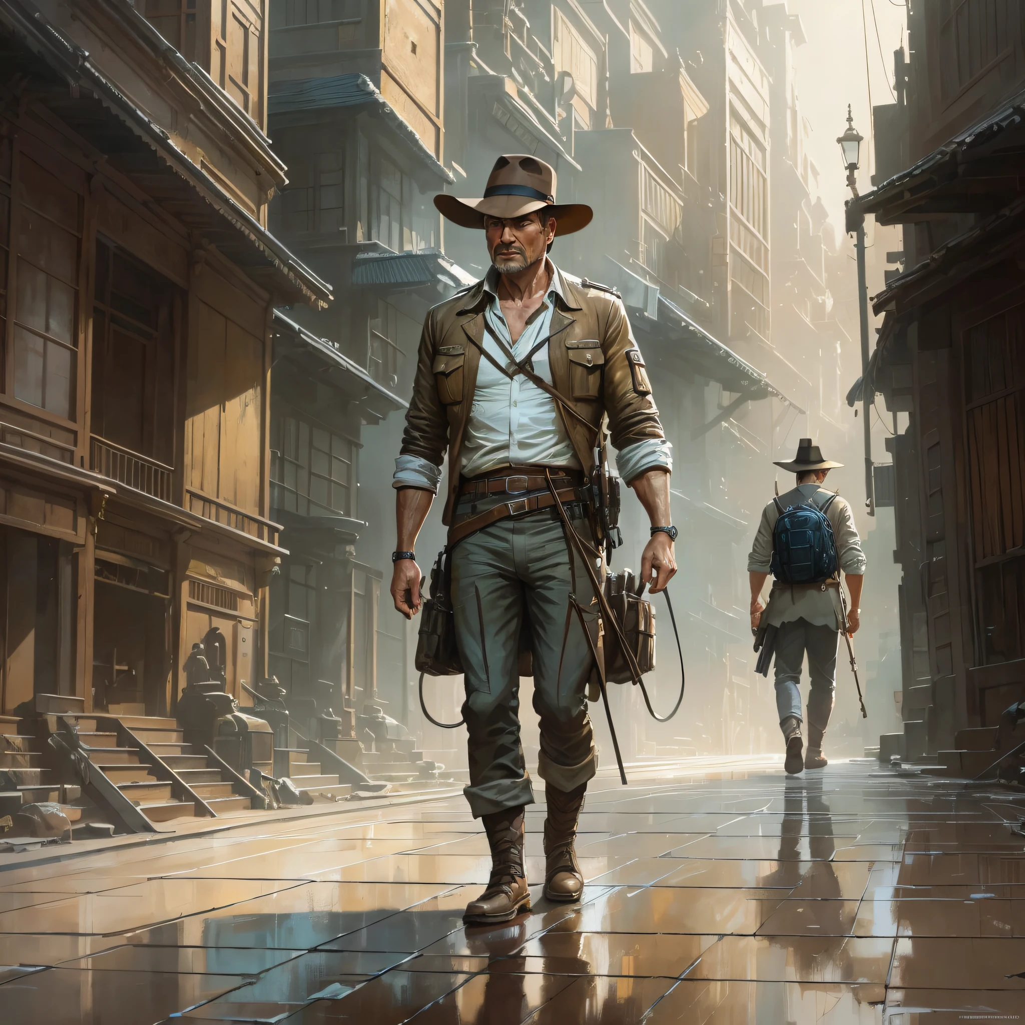 (extremely detailed CG unit 8k wallpaper), full body photo of Indiana Jones' most beautiful artwork, ripped jacket, majestic professional nostalgia oil painting by Ed Blinkey, Atey Ghailan, Studio Ghibli, by Jeremy Mann, Greg Manchess, Antonio Moro, trend at ArtStation, trend at CGSociety, Intricate, High Detail, sharp focus, dramatic and photorealistic painting art by Midjourney and Greg Rutkowski