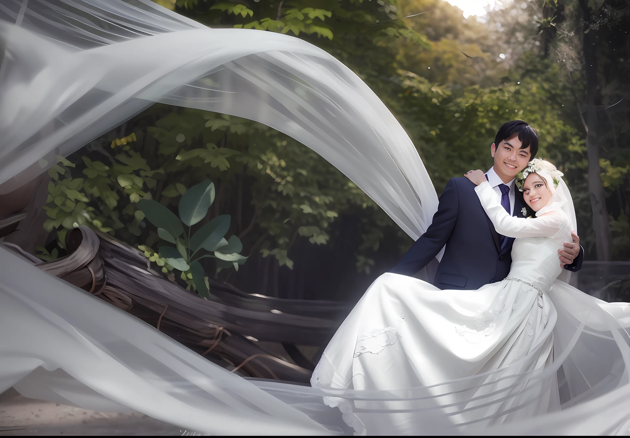 bride and groom posing for a photo in a forest setting, wedding photography, professional wedding photography, wedding photo, portrait shot, profesional photography, mid-shot, mid - shot, outdoor fine photography, wedding, by Basuki Abdullah, flowing cloth and smoke, photo taken with canon 5d, wide shot!!!!!!, photo taken with nikon d750