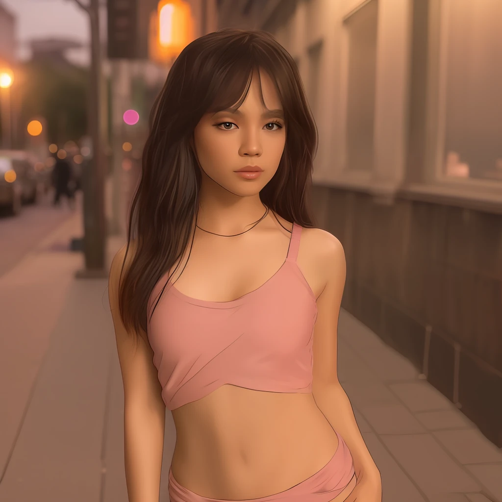 a Filipina WHORE at night, Prostitute .sidewalk, pink micro mini skirt, High heels,  bitch,, dark hair, standing, summer, 8k, hdr, tight crop top,pores, real skin,[:( High Detail Face: 1.2): 0.1], (PureErosFace_V1: 0.8),Vincent Peters, waiting