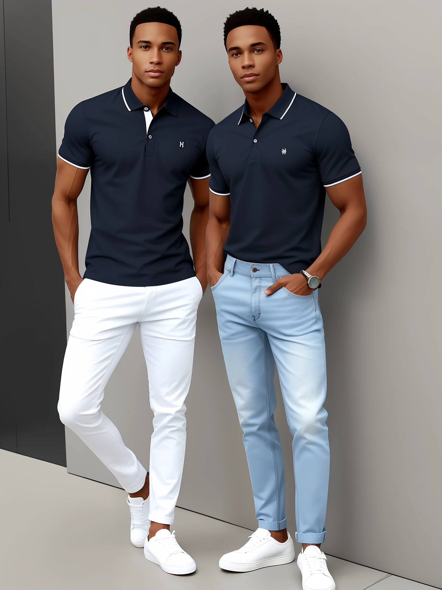 Black man blue polo shirt jeans white full body sneakers