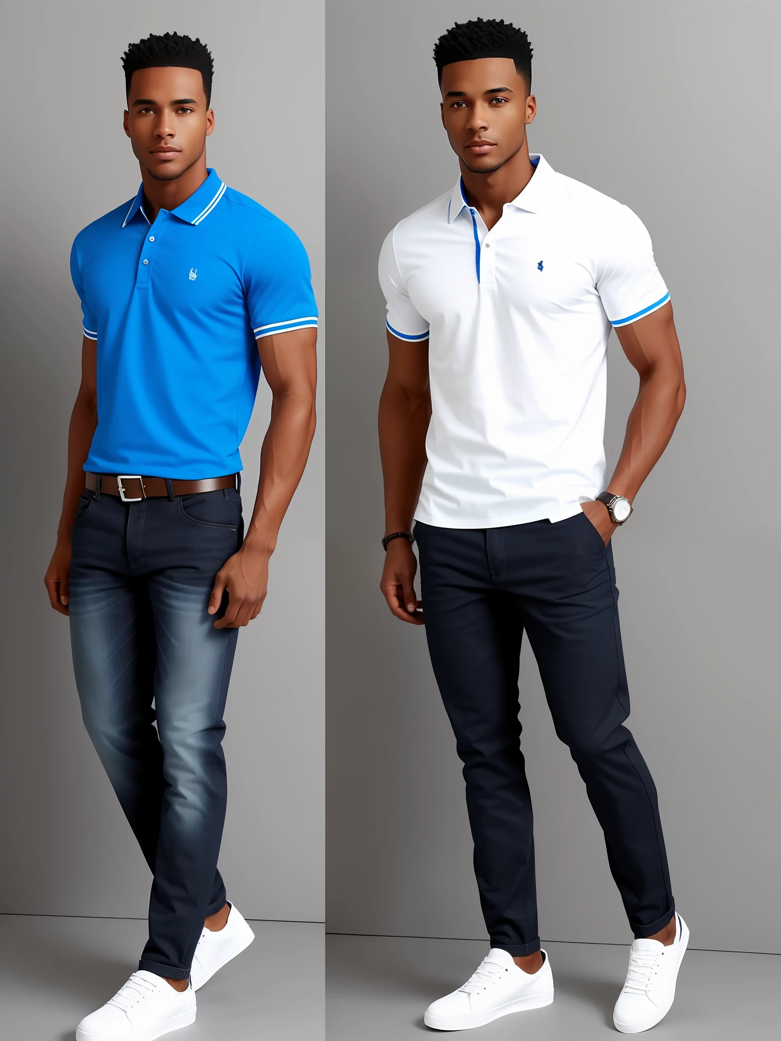 Black man blue polo shirt jeans white full body sneakers