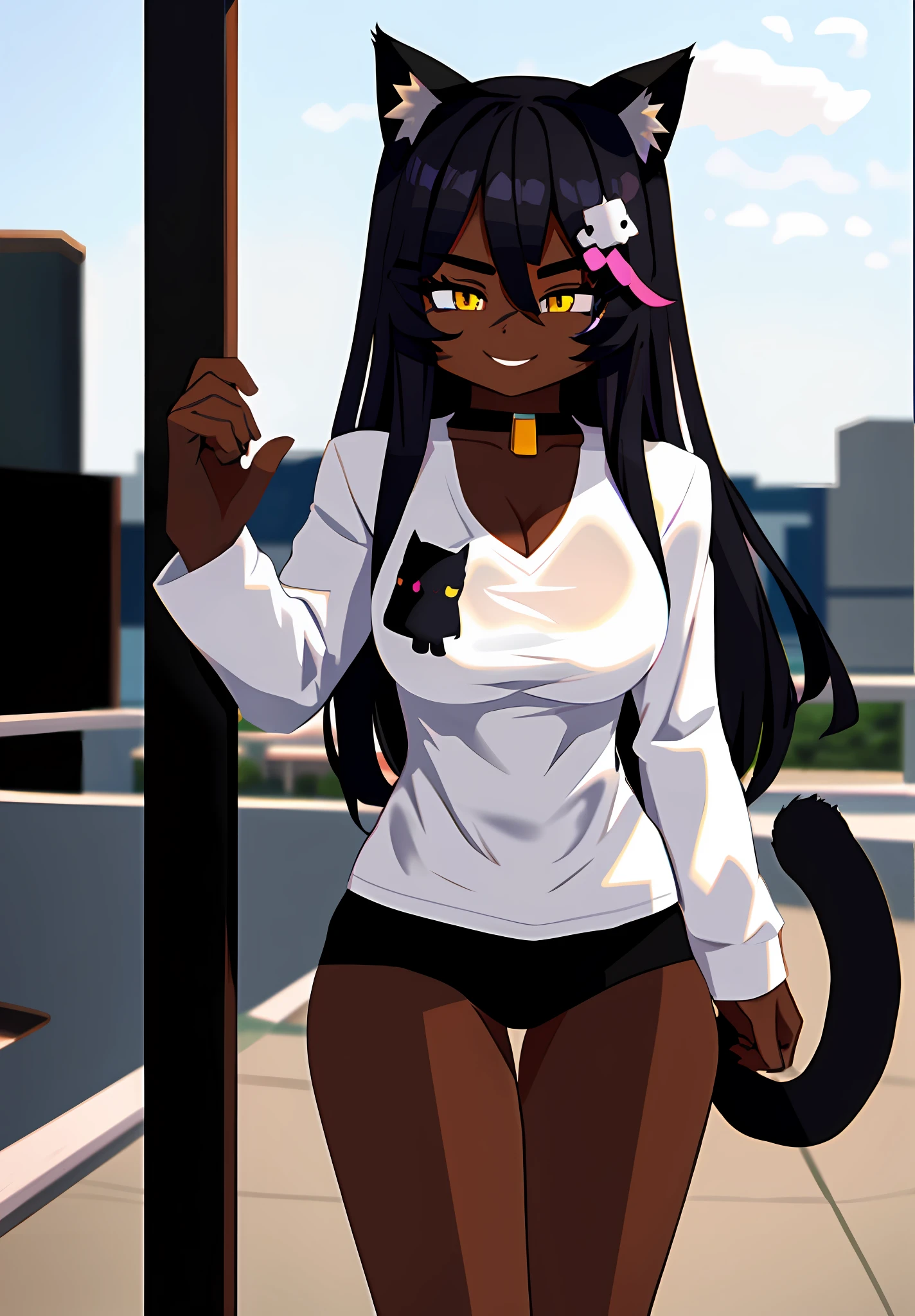 masterpiece, best quality, 1girl, cat ears, catgirl, anime catgirl, cat girl, oc commission, commission for high res, beautiful anime catgirl, attractive cat girl, cute anime catgirl, beautiful young catgirl, dark skin, anime girl with cat ears, detailed, see through shirt, white shirt, wet shirt, no pants, outdoors, standing, light smile, looking at viewer, cowboy shot