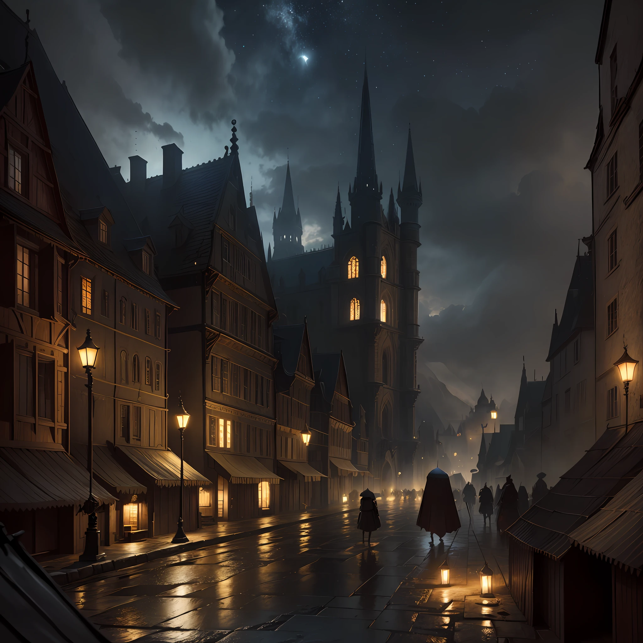 medieval city, dark, battle, epic, war, surrealism, 8k, super detail, war, battle, darkness, rain, night, fight, torches, war, conflict, medieval city, landscape, streets, roads, house, markets
